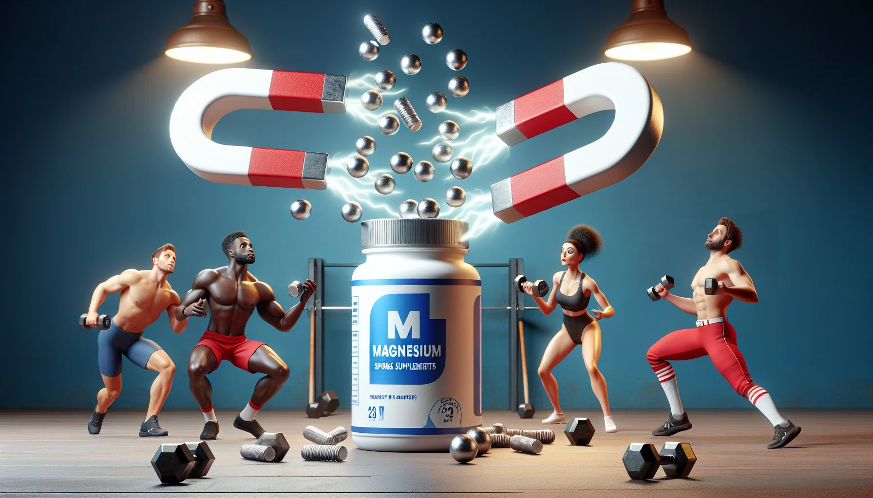 Show a quirky, engaging scenario where powerful magnets are being attracted to a bottle of magnesium sports supplements. The magnets hover mid-air, their force visibly pulling them towards the bottle. On the sides, a couple of confused athletes, a Black female gymnast, and a Caucasian male baseball player, watch the spectacle, their dropped dumbbells implying the interrupted workout. The scenario seems surreal but funny, creating a compelling, humorous idea about the magnetic properties of magnesium supplements.