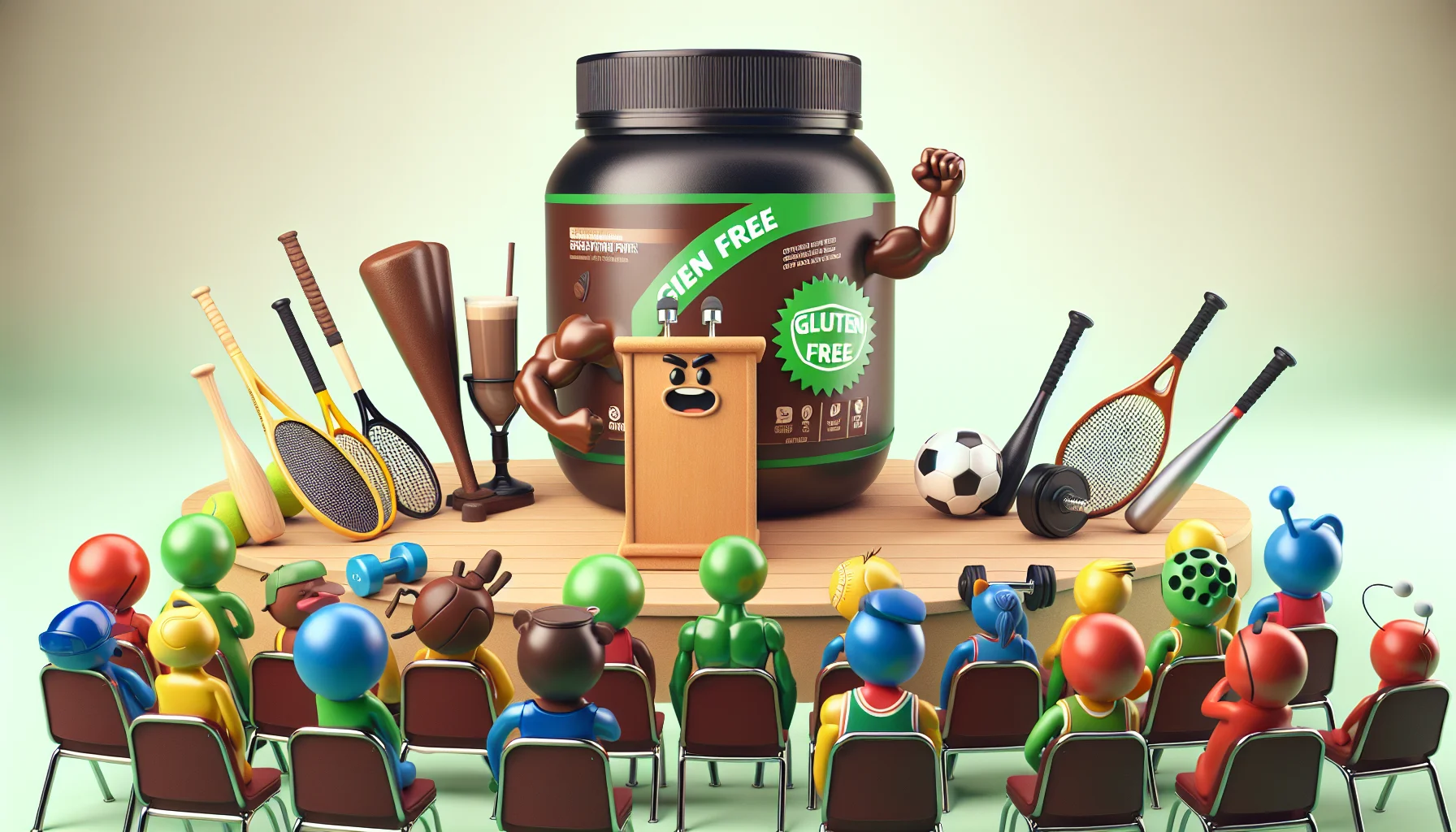 Create a humorous scene where a container of coffee-colored whey protein powder is standing on a podium, giving a passionate speech to an audience of various sports equipment - baseball bats, tennis racquets, soccer balls, and dumbbells. The whey protein proudly flaunts a big green badge stating 'Gluten Free'. A few protein bars and shakes in the audience express visible delight and cheer for their new gluten-free friend. Add a jovial tone with bright and cheerful colors, suggesting that supplementing for sports can be a fun and enjoyable endeavor.