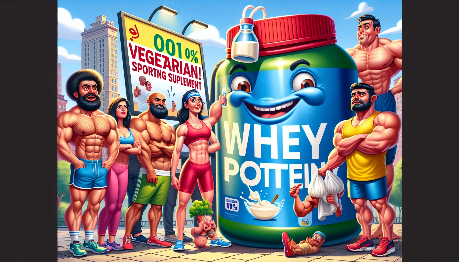 Illustrate a humorous scene where an animated giant jug of whey protein, adorned with a friendly smiling face, stands next to a billboard stating '100% Vegetarian!', encouraging passers-by to consider it for their sporting supplement needs. A varied group of people, including a Hispanic male bodybuilder, a Middle-Eastern female runner, a South Asian male cyclist, and a Caucasian female yoga practitioner, stand around, their facial expressions depicting surprise, curiosity, and amusement. Emphasize the vivid colors and dynamic composition to enhance the liveliness and fun, while maintaining a realistic feel.
