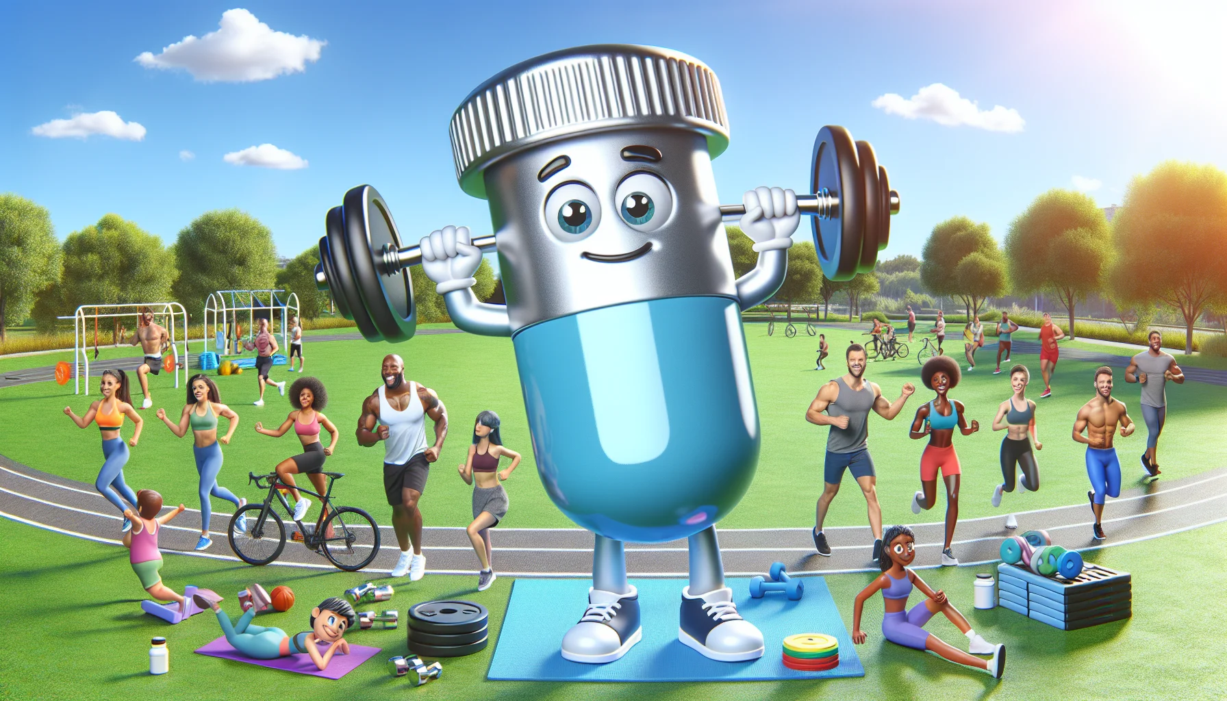 Produce a fun and lively image of a fitness event organized around the concept of sports supplementation. In the center, illustrate a magnified image of a Kal Magnesium Glycinate supplement pill, anthropomorphized with expressive cartoon-like eyes, arms and legs, lifting weights. Around the main character, portray individuals of various descents, such as Caucasian, Hispanic, African, South Asian and Middle-Eastern, all engaging in different sports activities like cycling, running and yoga. The landscape is a park on a bright sunny day filled with fitness equipment and greenery to add a hint of health, nature and overall wellness.