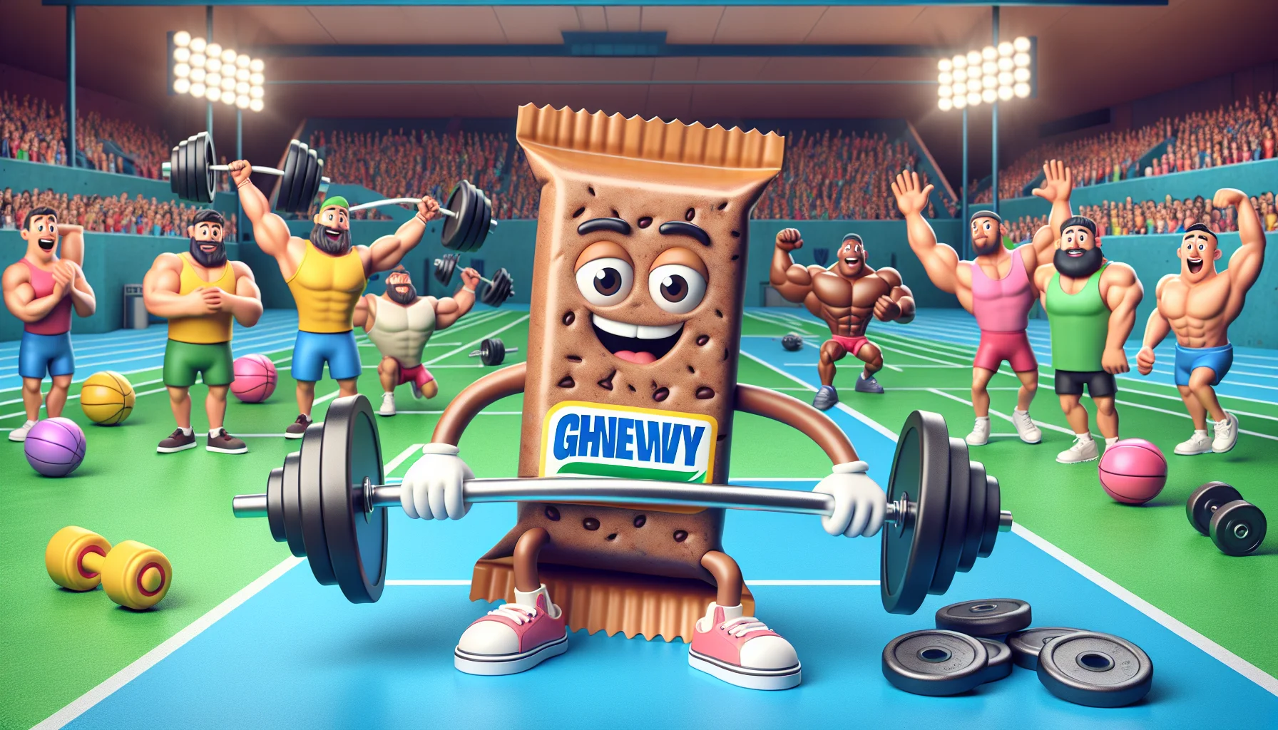 Create a humorous scene showcasing generic chewy protein bars in a scenario that promotes the use of nutritional supplements for sports. The protein bars could be depicted as cartoon-like characters with smiling faces, lifting weights or engaged in some sport-like activities (such as running or cycling), showing off their 'strength'. The setting could be a vibrant sports field, gym or a running track filled with exciting sports actions. Various onlookers could be shown with wide-eyed expressions and speech bubbles expressing their amazement towards the athletic prowess of these protein bars.