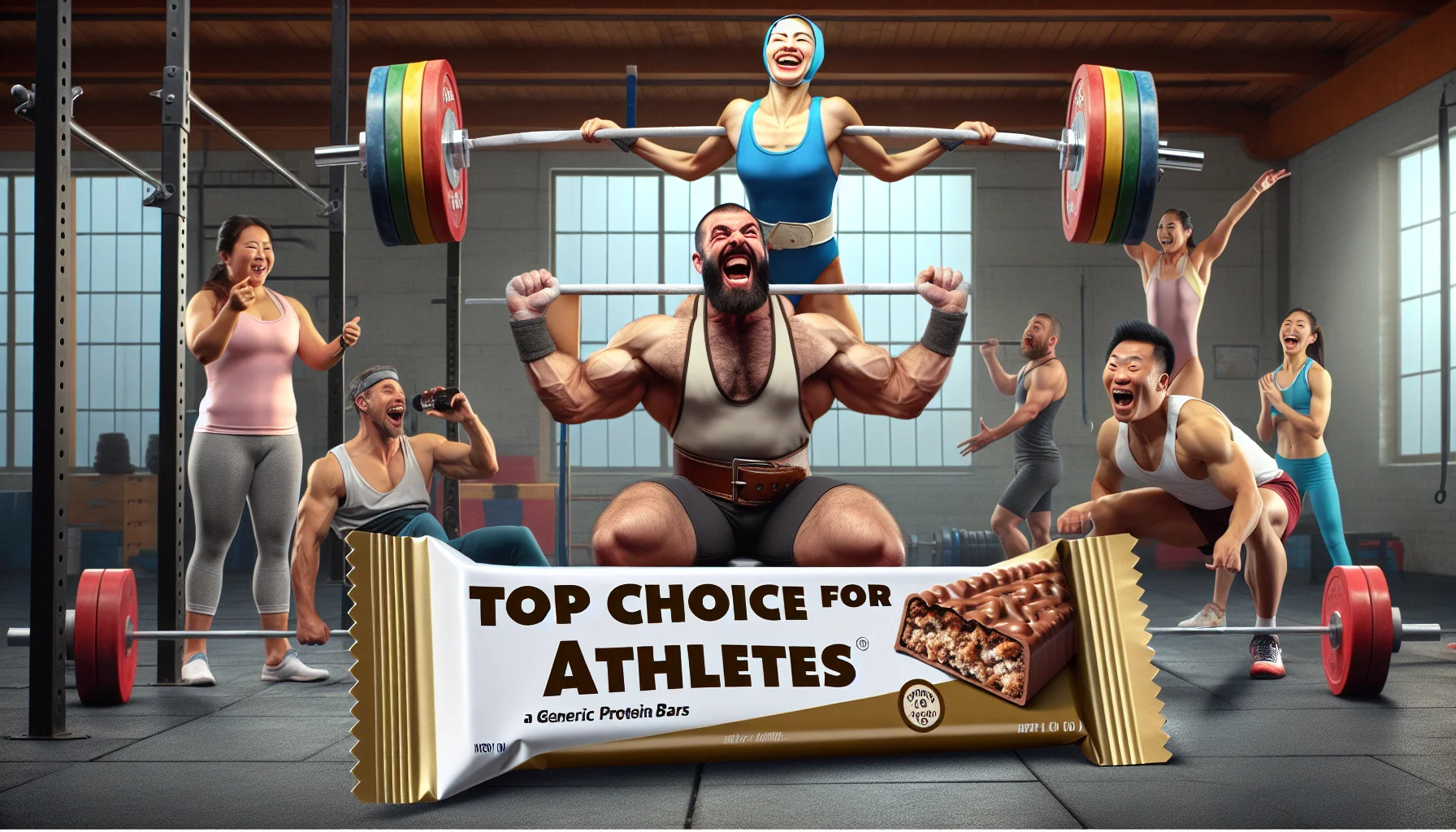 Create a humorous and realistic image that shows a package of generic protein bars with the words 'Top Choice for Athletes' emblazoned across it. The scene is set in a gym. In this gym, a diverse group of athletes are happily working out with imbued energy. One of these athletes, a Middle Eastern female weightlifter, has just completed a hefty deadlift and now she's triumphantly chomping into a protein bar. An Asian male gymnast is effortlessly executing a routine on the parallel bars, all while keeping his balance and savoring a bite of a protein bar. Proving that athletes from different disciplines value these nutritional supplements.