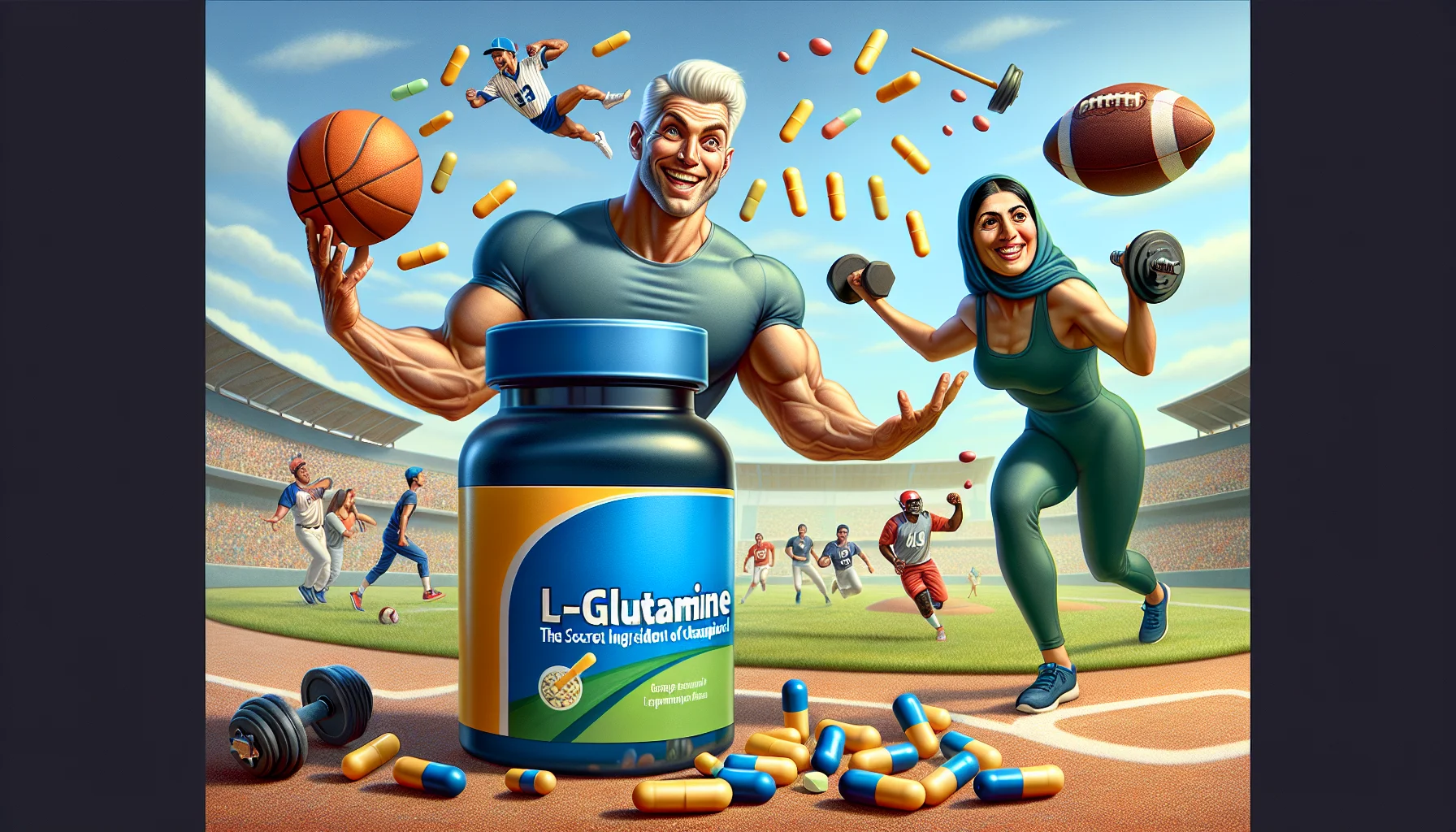 An amusing and realistic illustration revolving around the concept of L-Glutamine supplements. In the foreground, an athletic Caucasian male joyously juggling a mix of L-Glutamine capsules and sports equipment like baseball, football, and dumbbell. A Middle-Eastern woman, showing strength, stands next to a large L-Glutamine bottle, with one hand on her hip, other flexing her bicep, smiling towards the viewer. The background features a sports field filled with South-Asian and Hispanic athletes, enjoying their game with a hint of L-Glutamine bottles artistically placed at strategic points. The caption beneath humorously proclaims, 'L-Glutamine: The secret ingredient of champions!'.