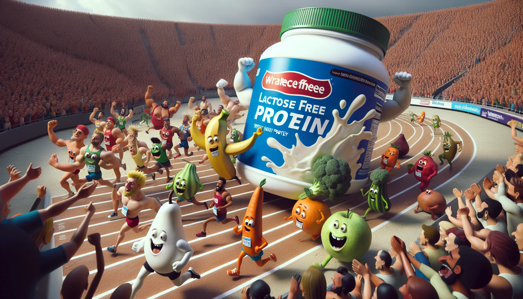 Create a highly detailed image, exhibiting a humorous scene in which a giant, animated container of lactose-free whey protein is participating in a marathon race. The container proudly displays its 'Lactose-Free' label while overtaking a group of perplexed fruits and vegetables, who are also anthropomorphized and in the race. The background shows an audience of diverse people from various descents such as Caucasian, Hispanic, and South Asian, both male and female, cheering enthusiastically. Everyone is laughing and having a great time, and this humorous tableau is meant to promote the use of sports supplements in a lighthearted way.