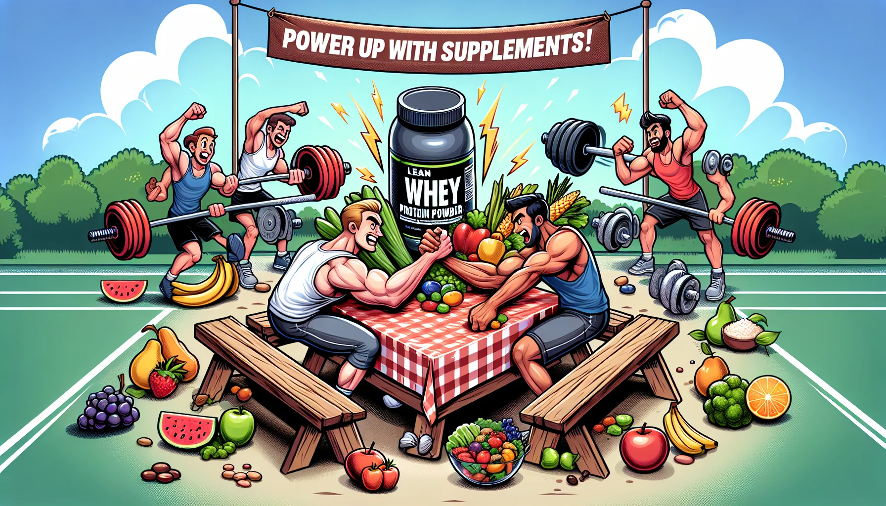 Generate an image showcasing a comic scene where a container of lean whey protein powder is shown having a friendly arm wrestling match against a line of various fruits, vegetables, and whole grains on a wooden picnic table. They are all surrounded by uplifted dumbbells, sports gear, and fitness enthusiasts cheering them on. The setting should be a bright sunny day in a park. There is a banner unfurled in the backdrop that says 'Power up with Supplements!' to encourage the use of supplements for sports nutrition.