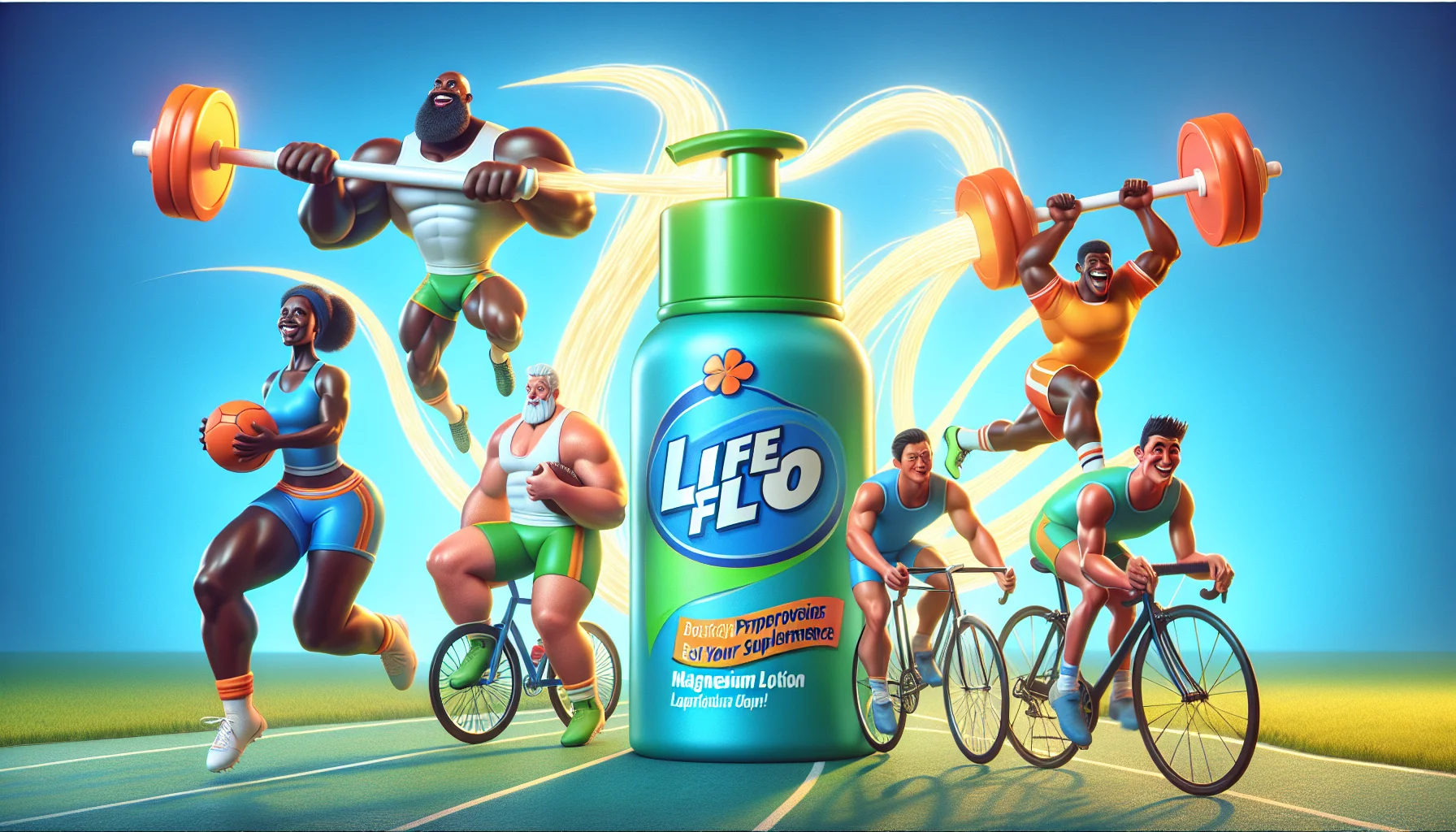 Create a vibrant and humorous image of an exaggerated sports scenario showcasing the benefits of using supplements, represented here by a fictional 'Life Flo Magnesium Lotion'. We see a diverse group of athletes - an African Black female weightlifter, a Caucasian male footballer, an Asian bicyclist, and a Middle Eastern male marathon runner - each humorously experiencing dynamic improvements in their performance after using the lotion. A large, cartoonish depiction of the lotion is at the center, with comical 'power waves' emanating from it towards the athletes. Remember, this setting should be vivid and engaging.