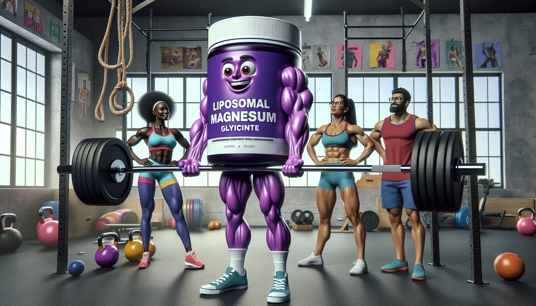 Generate a humorously inviting scene involving liposomal magnesium glycinate as a supplement for sports. Picture a purple container of the supplement, personified with a muscular physique and a charming smile, lifting a barbell effortlessly. To the side, a trio of fitness enthusiasts - a Black woman with a ponytail, a Hispanic man with a beard, and a South Asian woman wearing glasses - stand in awe. They're decked out in colorful athletic gear, in the middle of a gym environment with various exercise equipment around them. The walls are adorned with posters encouraging health and strength.