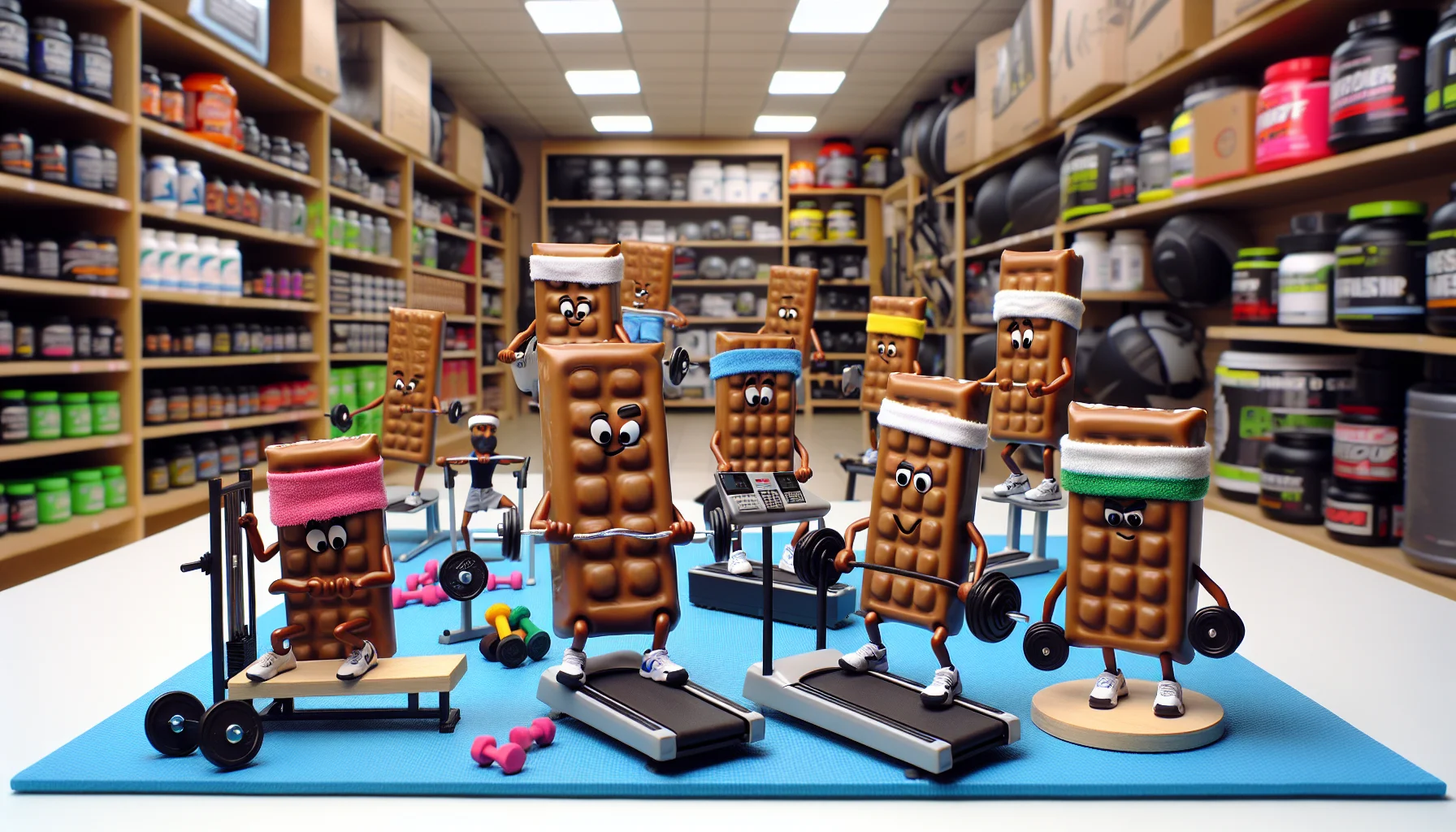 Imagine a humorous yet convincing scene meant to promote the use of nutritional supplements for athletic performance. Picture a shop full of various sports equipment. In the foreground, a group of animated protein bars are engaging in various athletic activities. Some are lifting tiny weights, others are sprinting on miniature treadmills, while others are attempting yoga poses. They all wear sweatbands and look extremely determined and focused. The scene is playful yet sends a clear message - these protein bars are made for those committed to their athletic goals.