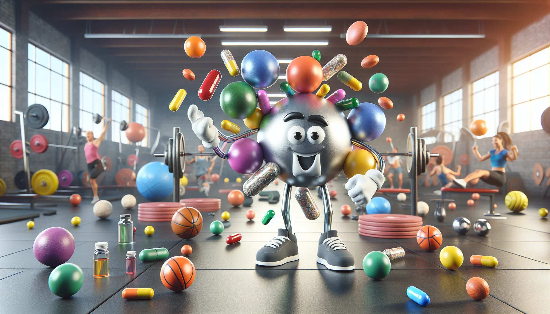 Craft a realistic image featuring an energized magnesium atom character surrounded by abstract representations of vitamins, essential minerals, and other key components of sports supplements. This scene should be amusing and approachable, with the magnesium atom showing expressive, comic facial features and sporting a strong physique, demonstrating strength and agility, while juggling colorful sports balls. The surroundings should capture a lively gym environment, with weights and equipment subtly shaped like supplement capsules. Incorporate lovingly exaggerated, cartoony aesthetics to encapsulate the fun and engaging nature of the scene.
