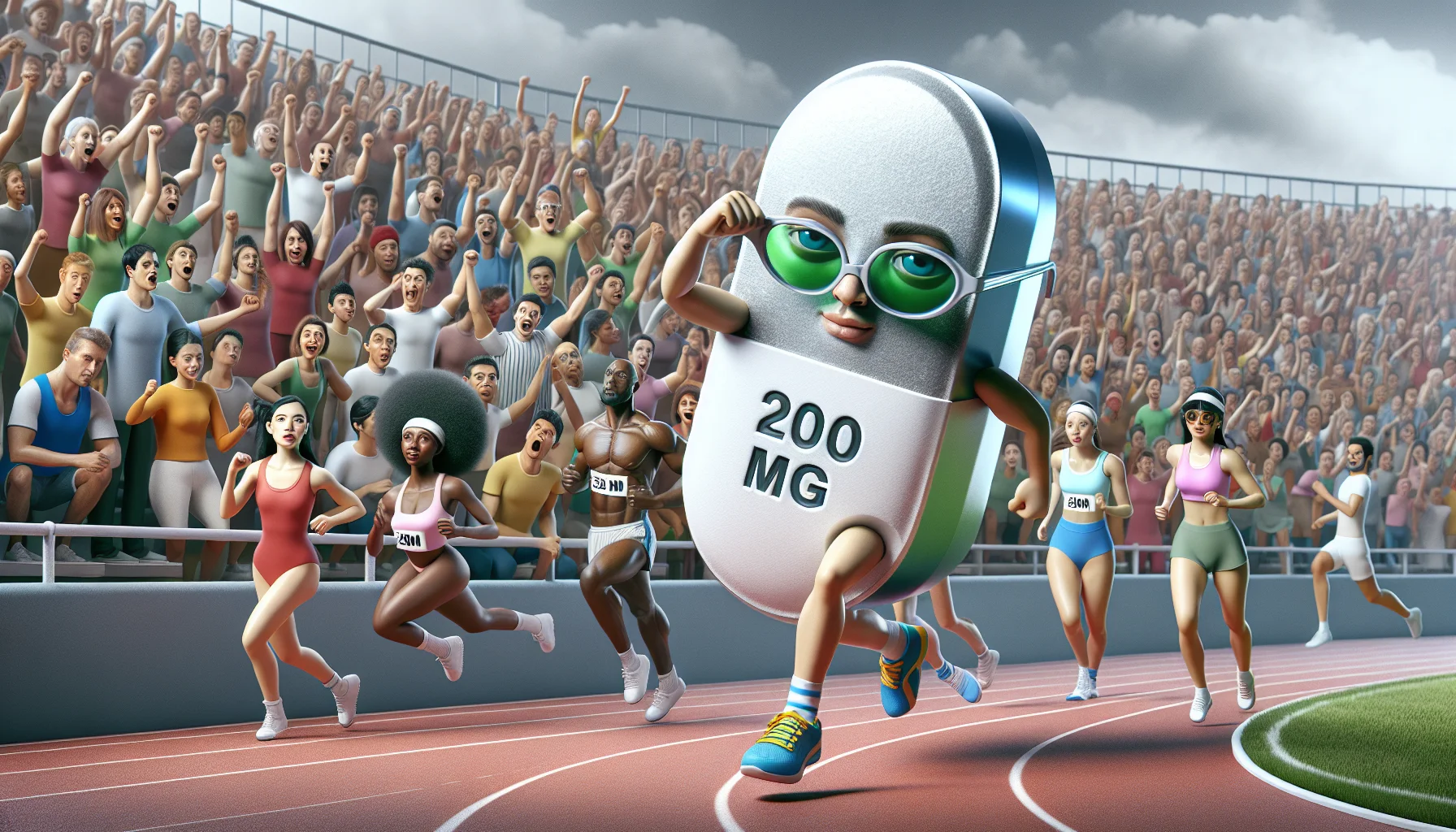 A whimsical representation of a magnesium supplement pill, labelled as 200 mg, animated with sporty sunglasses and sneakers, as if it's energetically sprinting on the track of a stadium, surrounded by cheering multitudes. An onlooking crowd of diverse people, including a South Asian female gymnast, a Black male soccer player, and a Middle-Eastern female tennis player each look in awe, clearly intrigued by the supplement's vitality. The scene is filled with vibrant colors and communicates a healthy lifestyle adopting supplements especially for individuals into sports.