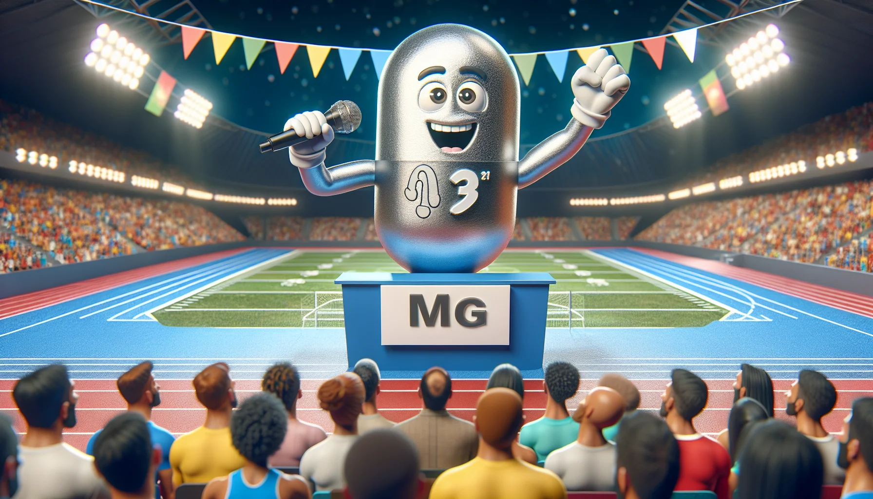 Envision a humorous scenario involving magnesium-7, personified as a charismatic, animated character. This character, having the atomic number and properties of Magnesium-7, is holding a microphone, enthusiastically advertising the benefits of magnesium supplements for sports performance. It is on a stage designed like a sports arena, with strings of colorful banners fluttering above, and an audience of diverse men and women athletes of Caucasian, African, Hispanic, and Asian descents, eagerly listening and reacting to the presentation. Blurred in the backdrop is a magnified image of a magnesium supplement capsule, emphasizing the subject of the presentation.