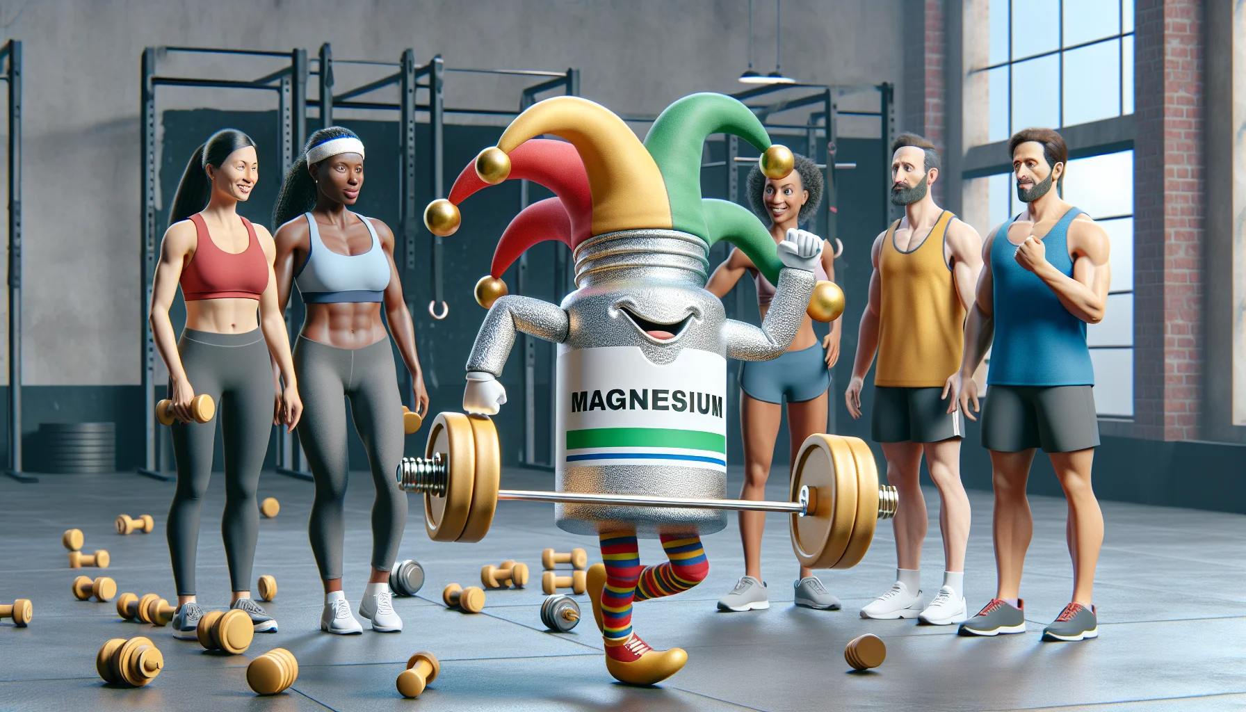 Create a realistic image showcasing a magnesium supplement in a humorous scenario. The supplement is personified, dressed in a jester's outfit, hopping around energetically, and lifting small barbells with ease, enticing all spectators around. There are people of different gender and various descents, such as Caucasian, Hispanic, and South Asian, all in athletic attire and looking at the supplements in awe, suggesting they are for sports enthusiasts.