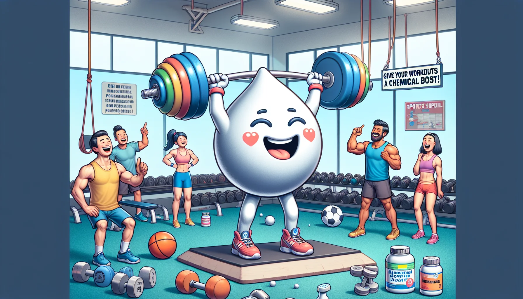 Create a humorous scenario where a giant, anthropomorphic, happily grinning magnesium acetate moleule is attempting to lift weights in a gymnasium. The weights on the barbell are shaped like sports icons - a football, a basketball and a tennis racket. A diverse group of gym-goers, an Asian female bodybuilder and a Middle-Eastern male runner, are laughing and pointing, amused by the spectacle. Scattered around the scene are various sports supplement bottles, and a billboard in the background reads, 'Give your workouts a 'chemical' boost!'. Make sure everything is depicted in a positive, light-hearted manner, promoting the usage of supplements during sports.