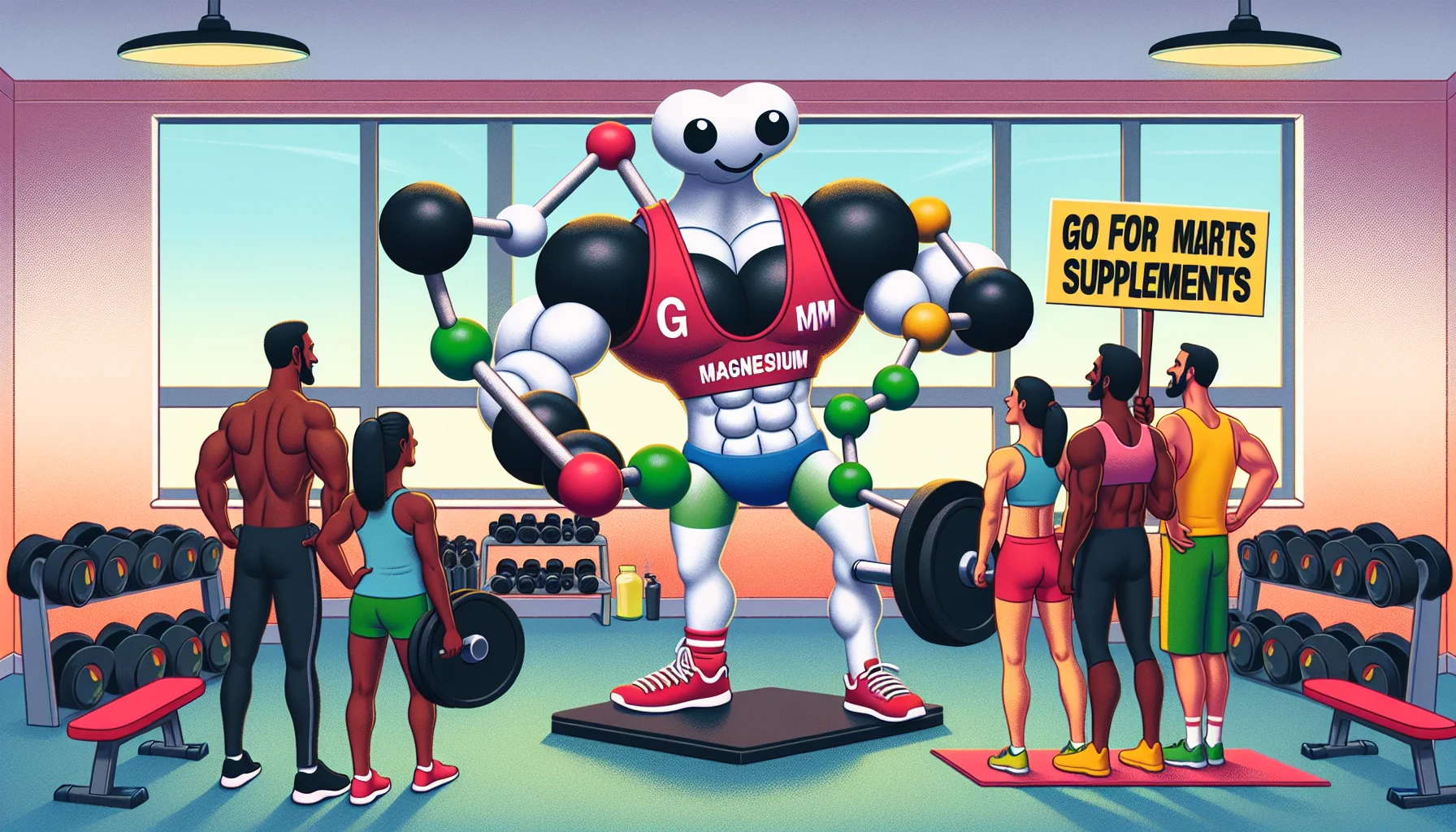 Imagine a humorous scene featuring a personified magnesium amino acid chelate. This molecule wears a gym outfit and lifts weights, showing off its strong chemical bonds as muscles, standing in a vibrant gym setting. It converses in a friendly manner to a diverse group of athletes of various genders and descents, including a female Black marathon runner, a Middle-Eastern male weightlifter, and a Hispanic yogi. It holds a banner that displays 'Go for Sports Supplements', reinforcing the value of such supplements for athletic performance. The scene is filled with light-hearted humor and comical elements to make the idea of supplements appealing.