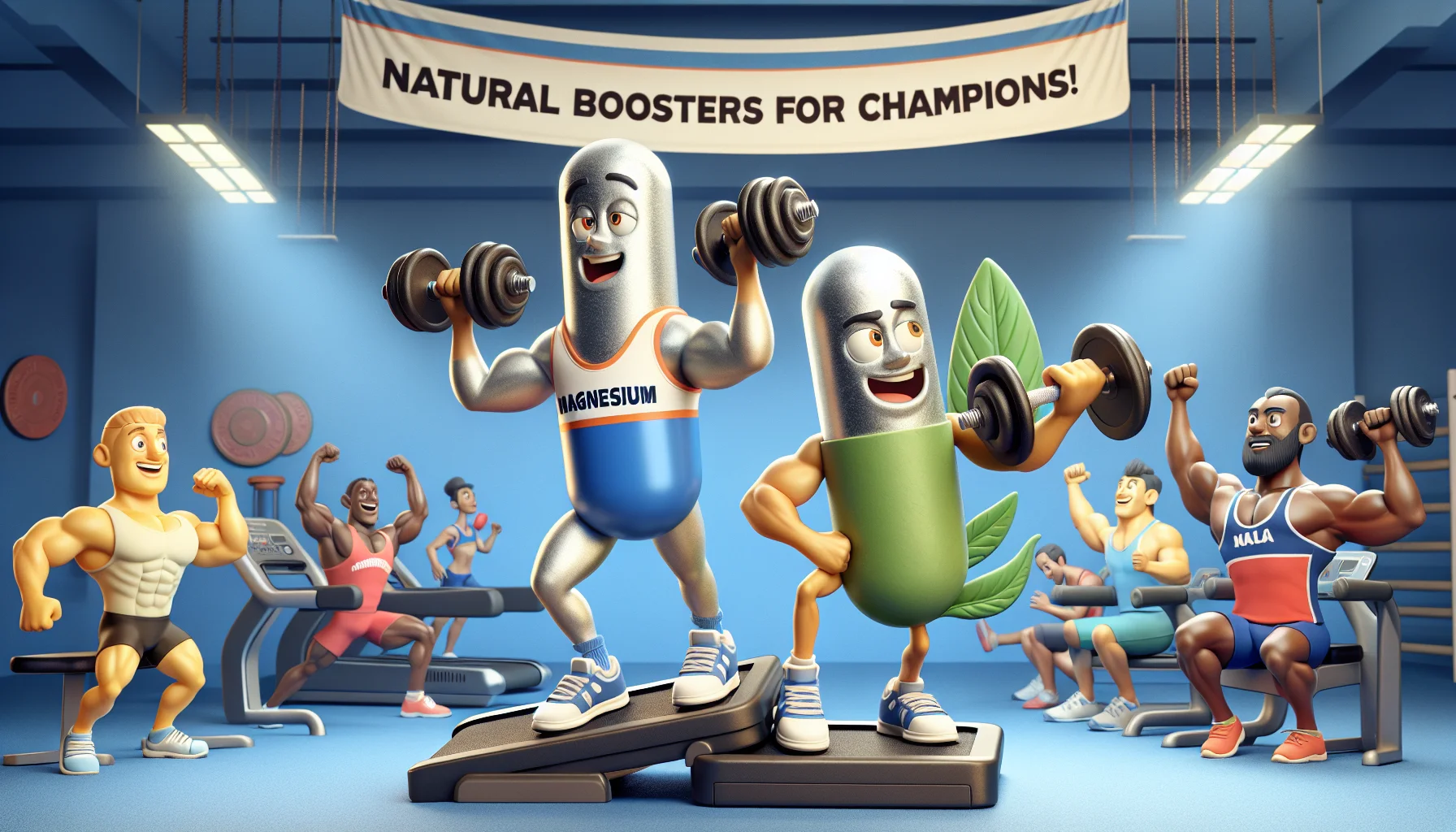 An image that humorously promotes the benefits of magnesium and ashwagandha supplements for sports enthusiasts. In a gym setting, we see a magnesium pill, anthropomorphized with arms and legs, confidently lifting heavy dumbbells. Next to it is an ashwagandha pill, also anthropomorphized, running swiftly on a treadmill. Both pills are wearing sports attire and showing exaggerated muscular forms, implying their contribution to enhanced physical performance. They are surrounded by an audience of other supplement pills, all cheering, in a fun atmosphere. An overhead banner reads 'Natural Boosters for Champions!'. The message conveys the potential improved stamina and recovery that these supplements can provide to athletes.