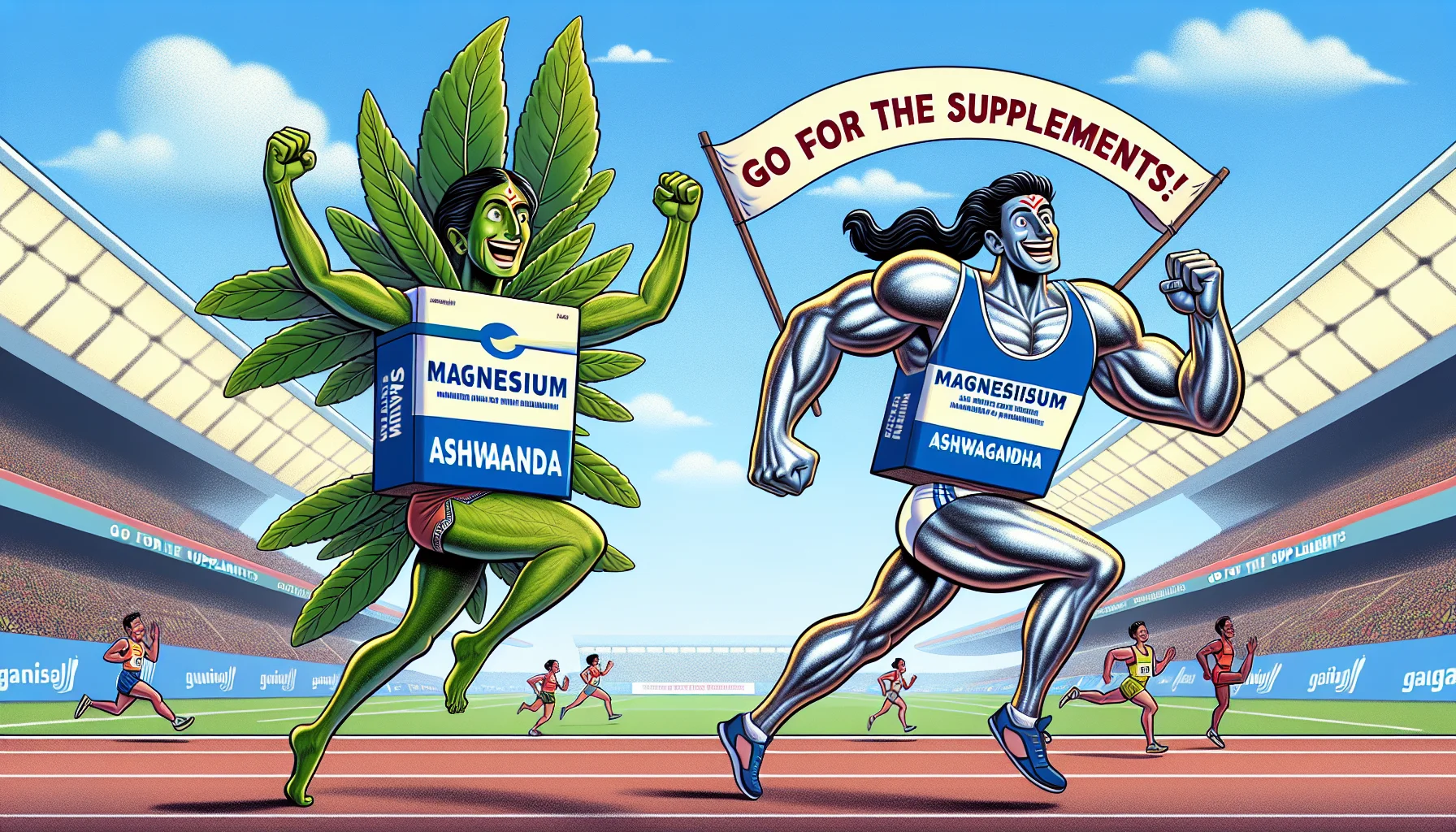 A lively and humorous scenario featuring a sports setting, with magnesium and ashwagandha in anthropomorphic forms. The ashwagandha, a leafy herb, is elegantly turned into an agile female athlete of South Asian descent, while the magnesium, envisioned as a glistening block, is molded into a masculine well-built athlete of Caucasian descent. They're competing in a friendly marathon race, each showing determination and vigor. The background is adorned with encouraging banners such as 'Go for the Supplements!'. The overall mood is light-hearted, depicting the positive effects of these supplements in sports.