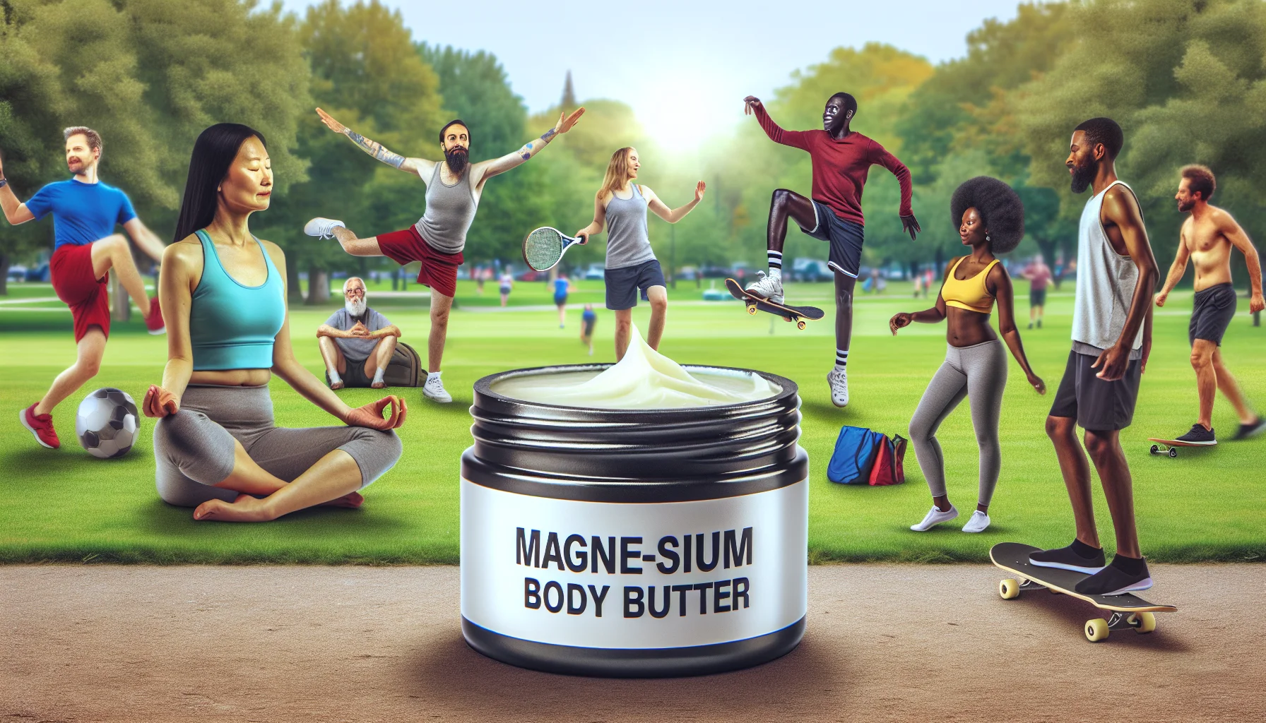 Create a humorous and realistic scene featuring a jar of magnesium body butter. It's widely known for its relaxing benefits to both the skin and muscles. In the background, a lively park scene unfolds where diverse individuals of various descent and genders engage in different sports - a South Asian woman doing yoga, a Caucasian man skateboarding, a Hispanic woman playing tennis, and a Black man jogging. The jar of magnesium body butter takes center stage, almost as if it's the secret behind their vitality and energy.