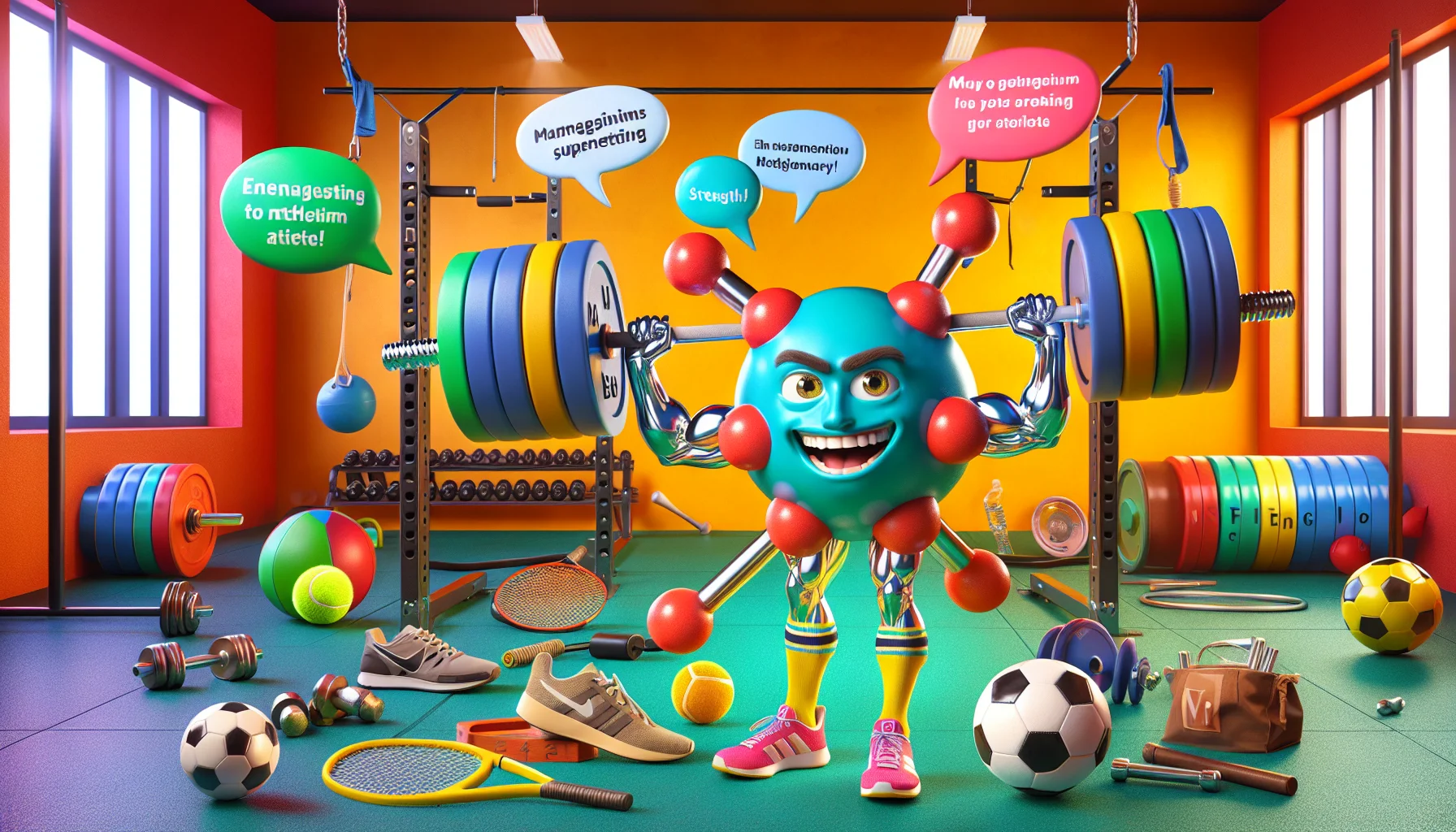 Generate a comedic image of a Bohr model of a magnesium atom, personified with vibrant outfits and athletic gear. The atom is lifting weights, symbolizing strength, and is surrounded by various sports equipment like tennis rackets, soccer balls, and running shoes. The background is a vibrant gym. Text bubbles appear around the atom expressing humorous phrases encouraging the use of magnesium supplements for athletic performance. Note: The image should be realistic and visually appealing to capture viewers' interest.