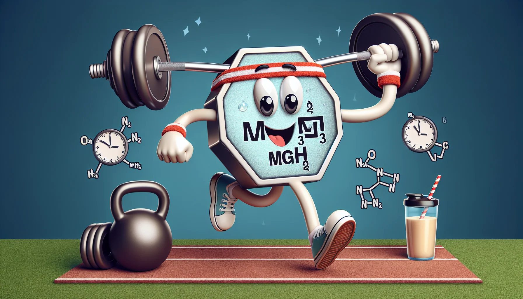 Picture an amusing scenario that encapsulates the appeal of sports supplements. The main element of this image should be the chemical formula for Magnesium Bromide (MgBr2), humorously personified. Perhaps it's wearing a sweatband, doing sit-ups, or sprinting laps around a track. This character is enthusiastically showing off its fitness realness, capturing the spirit of why people turn to supplements. Maybe there are other elements, such as dumbbells, protein shakes, or gears of a clock indicating consistent timing of supplement intake, incorporated to emphasize the value of sports supplements. Do note that this image requires a balance between humor, realism, and clear emphasis on Magnesium Bromide.
