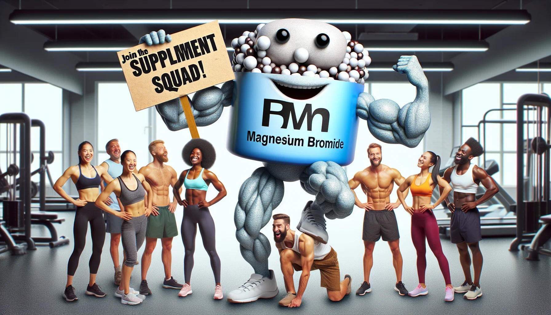 Create a humorous scenario featuring Magnesium Bromide characterized as an energetic gym trainer. This imaginary figure is composed of the magnesium and bromide ions, complete with a human physique and a playful smile on its face. It's convincingly motivating a diverse group of gym-goers, of different genders and descents such as Caucasian, Black, Hispanic, Middle Eastern, and South-Asian people. The magnesium bromide character is holding a sign that reads, 'Join the Supplement Squad!' underlining the message about the importance of sports supplements.