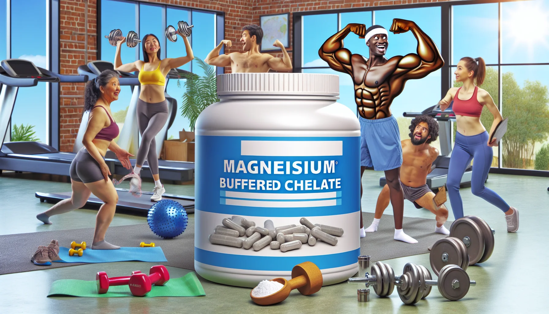 Generate a humorous and vibrant image portraying a scene in a gym. There is a container labelled 'Magnesium Buffered Chelate' prominently displayed. This container is humorously exaggerating its muscles, depicting the benefits it can provide to fitness enthusiasts. Surrounding it in awe are various types of sports equipment like dumbbells, a treadmill and a yoga mat, all personified and looking impressed. In the background, let there be a diverse group of people - a Black woman lifting weights, a Middle-Eastern man doing yoga, a Caucasian woman jogging on a treadmill and a South Asian man doing push-ups - all looking energetic and drawn to the container, signaling the positive impact of the supplement.