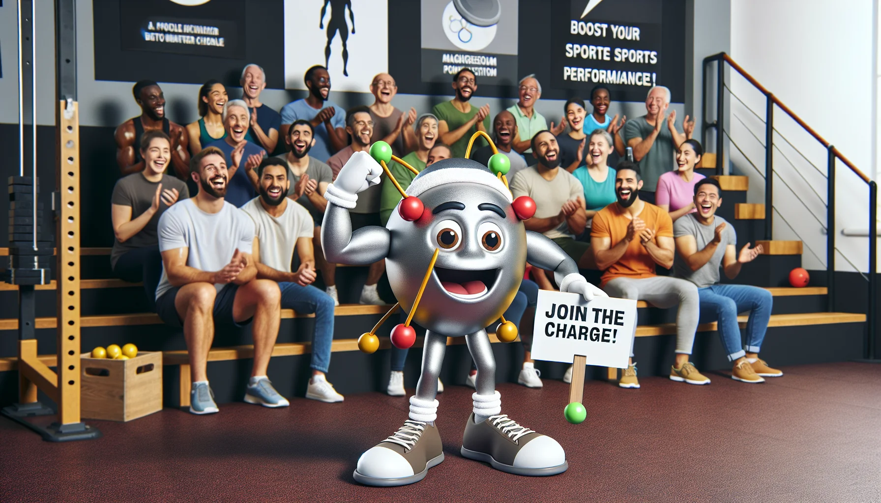 Create a humorous image set in a gym. In the central foreground, imagine an anthropomorphic Magnesium atom character, showing a positive charge, smiling and flexing its muscles. It's wearing a sweatband and holding a sign that reads, 'Join the Charge! Boost Your Sports Performance!' Spectators, consisting of a diverse mix of men and women of various descents such as Caucasian, Hispanic, Black, Middle-Eastern, and South Asian, are laughing and applauding in the background.