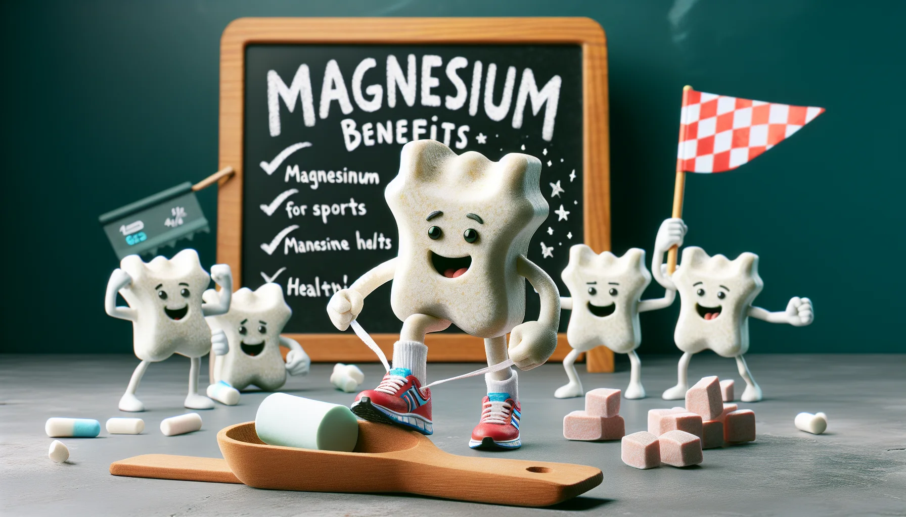 Create an image of a humorous scenario featuring magnesium chews as its stars. In the foreground, a half-eaten piece of a magnesium chew with cartoonish flexed arms is lacing up its tiny running shoes, ready to partake in a race. Surrounding it are other uneaten magnesium chews, cheering on with miniature pennants waving. In the background, there's a chalkboard with fun facts about magnesium benefits for sports and health, enticing viewers to incorporate supplements into their routine. Please add a touch of realism to the scene.