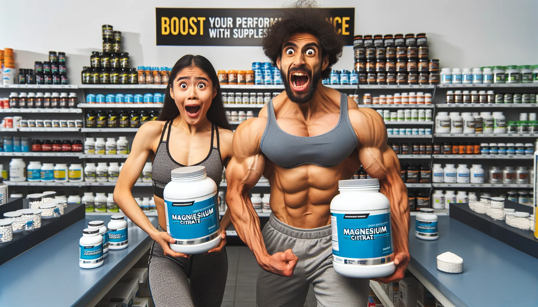Create a humorous, brightly-colored scene where a muscular, Hispanic male athlete and an athletic, South Asian female are standing in a health store, holding large containers of magnesium citrate supplements. They are making exaggerated, excited facial expressions as if they've just discovered the secret to superior sports performance. The shelves behind them are filled with a variety of sports supplements. A sign on the wall reads 'Boost Your Performance With Supplements'.