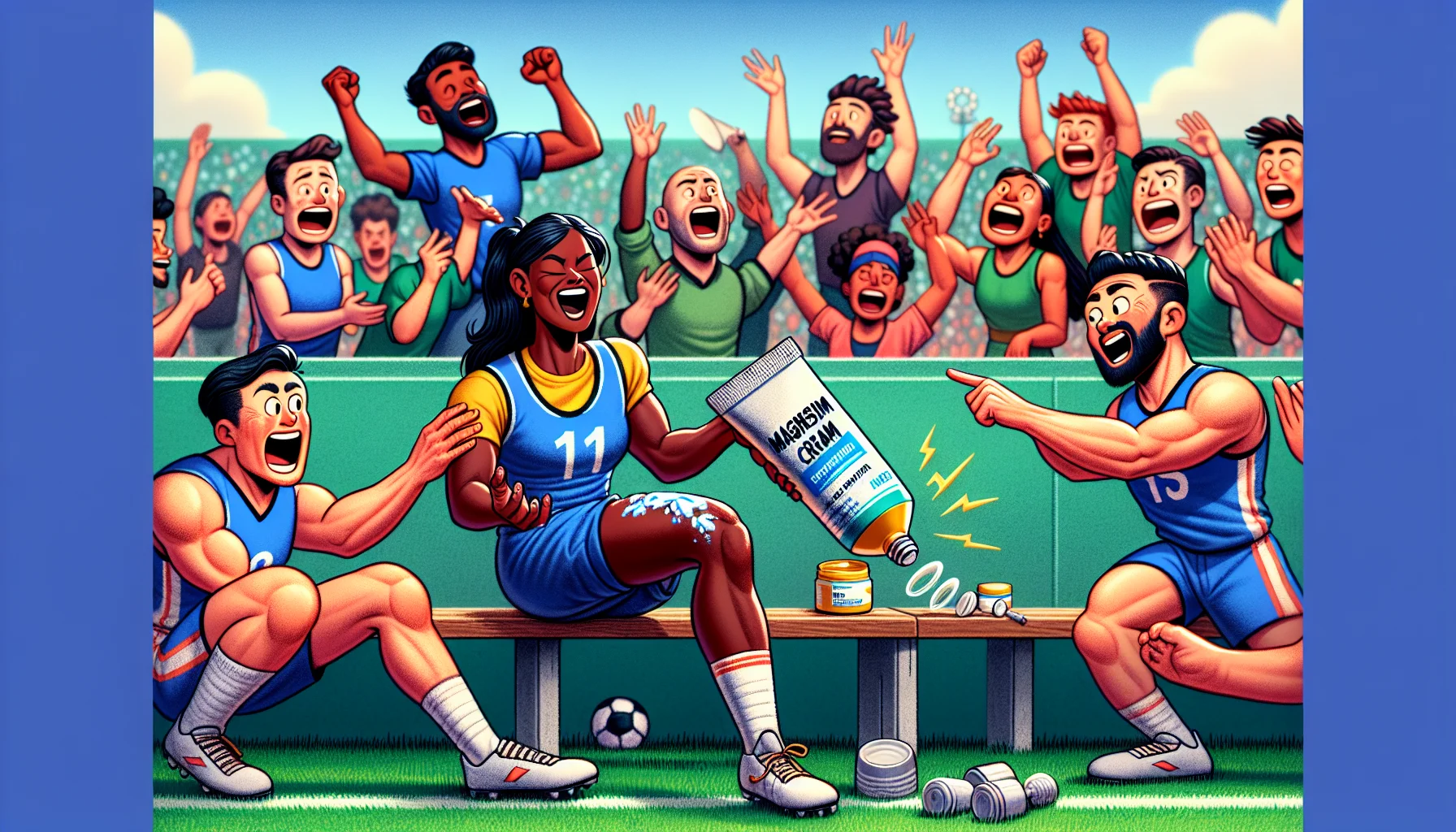 Draw a humorous setting featuring a muscular South-Asian female athlete applying magnesium cream to her leg to ease cramps amid a sporting event. She is on the sideline of a grassy athletic field, surrounded by her diverse teammates who are outlandishly reacting with expressions of surprise, amazement, and excitement. They're pointing at the cream tube with visible relief, as they witness the swift recovery of their companion. The container of cream is clearly labeled as 'Magnesium Cream' and there's a cute cartoony mascot indicating how it's for leg cramps. The scene encourages the viewer to consider supplements for sports performance.