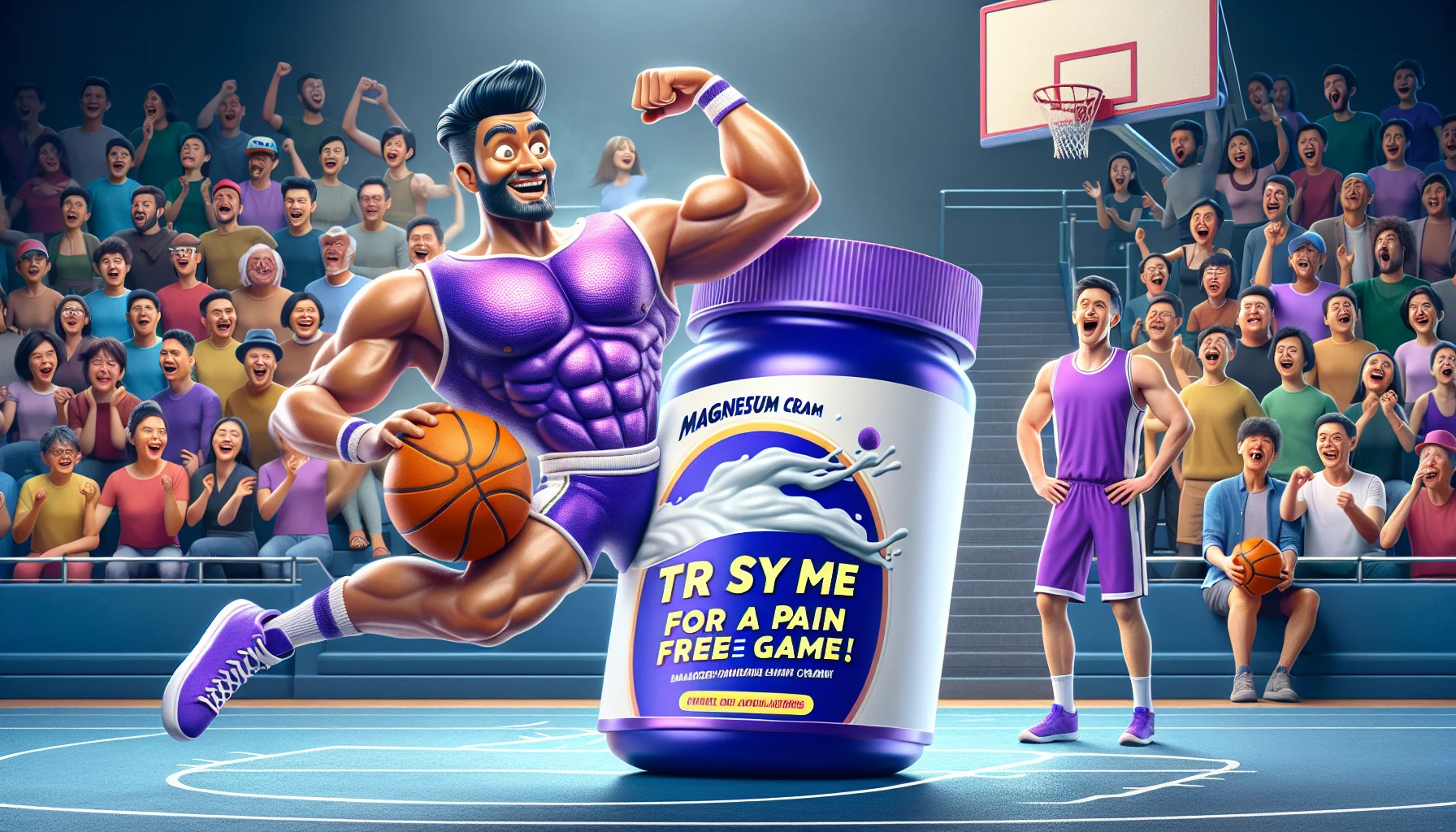 Create a humorous image showing a basketball court setting. In the foreground, there's an animated, life-sized bottle of magnesium cream with cartoonish features, flexing its muscles after blocking a basketball shot. The handsome South Asian man who threw the shot is looking surprised and he's clad in beautiful purple sportswear. The audience in the background includes people of various descents and genders, laughing and cheering. Also, include a fun stylized text bubble from the magnesium cream saying, 'Try me for a pain-free game!' The setting should be inviting, promoting the idea that such supplements can help in sports.