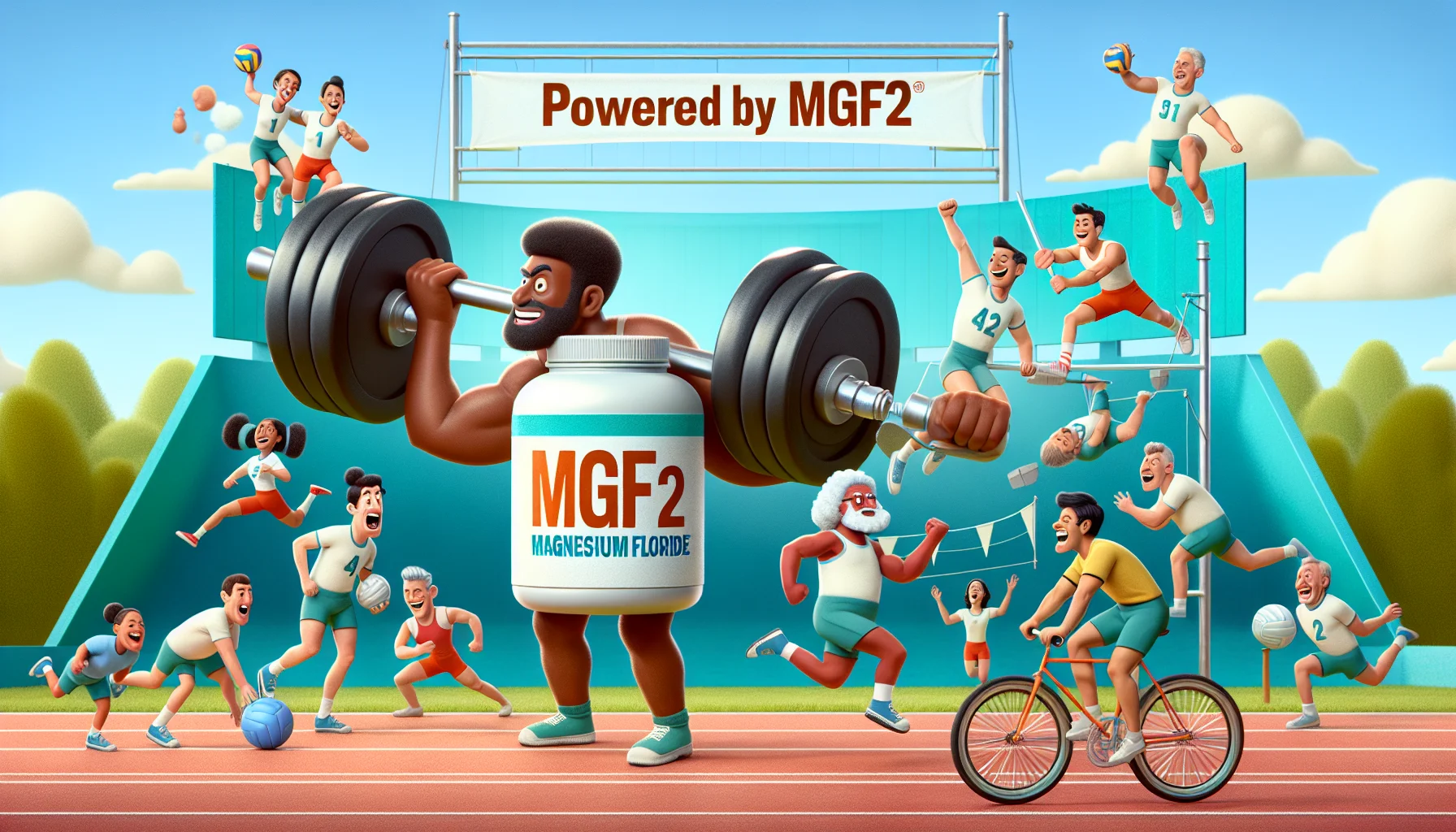 A humorous scene featuring the compound of magnesium fluoride, which possesses the formula MgF2, represented as two animated characters: magnesium as a strong athlete arm-wrestling fluoride, who's in the form of twins. The backdrop is an energizing sports field where active individuals are playing various games, which stands as a testament to the supplement's benefits. In this lively scenario, an Hispanic woman is hitting a volleyball, a Caucasian man is running track, a Black woman is doing gymnastics on a parallel bar, and a Middle-Eastern man is cycling energetically. A banner in the background reads, 'Powered by MgF2'