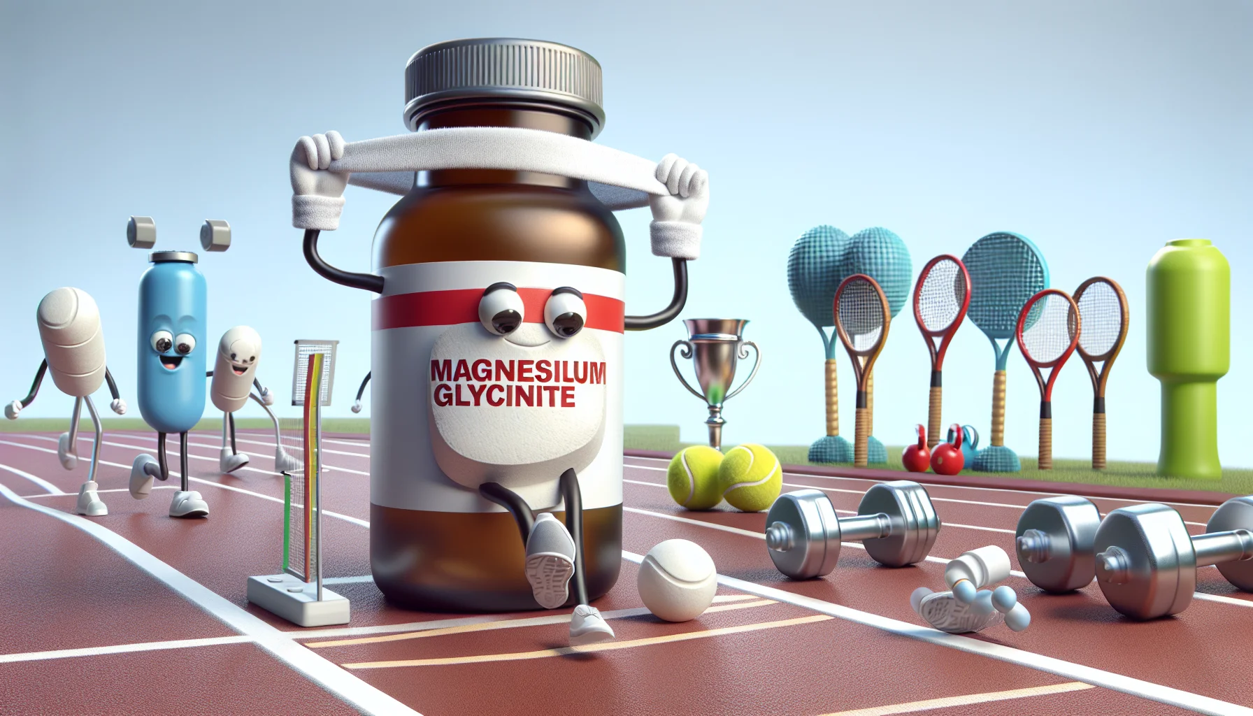 Create a realistic image of a humorous scenario unfolding in connection to sports supplements, centred around a bottle of magnesium glycinate. Perhaps an animated rendering of a magnesium glycinate pill on a race track, putting on a sweatband with a look of determination, as if ready to take part in a high-intensity sporting event. On the side, various sports equipment like dumbbells and tennis rackets are cheerfully watching the race with anticipation. Remember, the aim is to make this scene inviting and fun to encourage people to consider sports supplements.