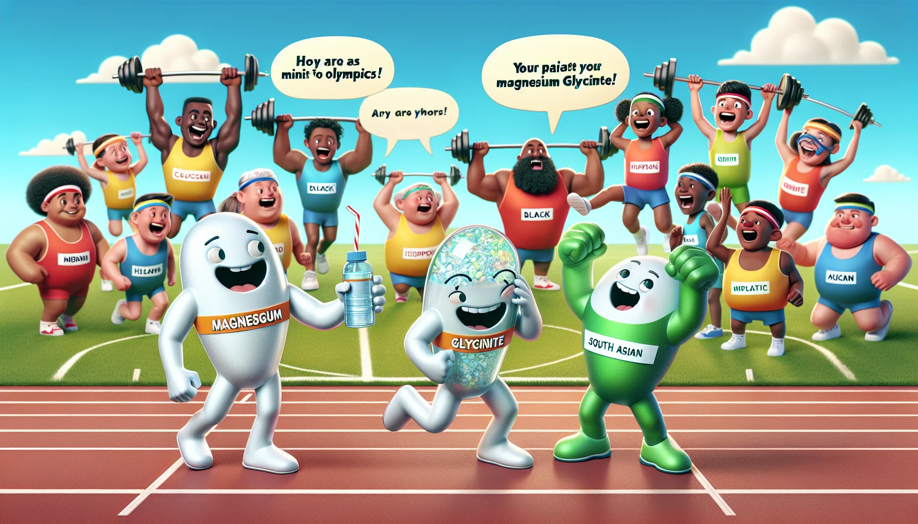 Create an image depicting a hilarious situation where lively, cartoon-like magnesium and glycinate characters are hosting a mini Olympics for children. The magnesium character, a lanky figure with a vibrant white hue is seen sprinting, while the glycinate figure, a robust character with a green tint is doing weightlifting. They are surrounded by jubilant children of various descent: Caucasian, Black, Hispanic, Middle-Eastern, South Asian, each performing different sporting activities. Each child has a speech bubble showing their enthusiastic endorsement of the magnesium glycinate supplement. Remember to have a colorful and joyful presentation overall to provoke curiosity about the use of supplements for sports in a sensitive and encouraging way.