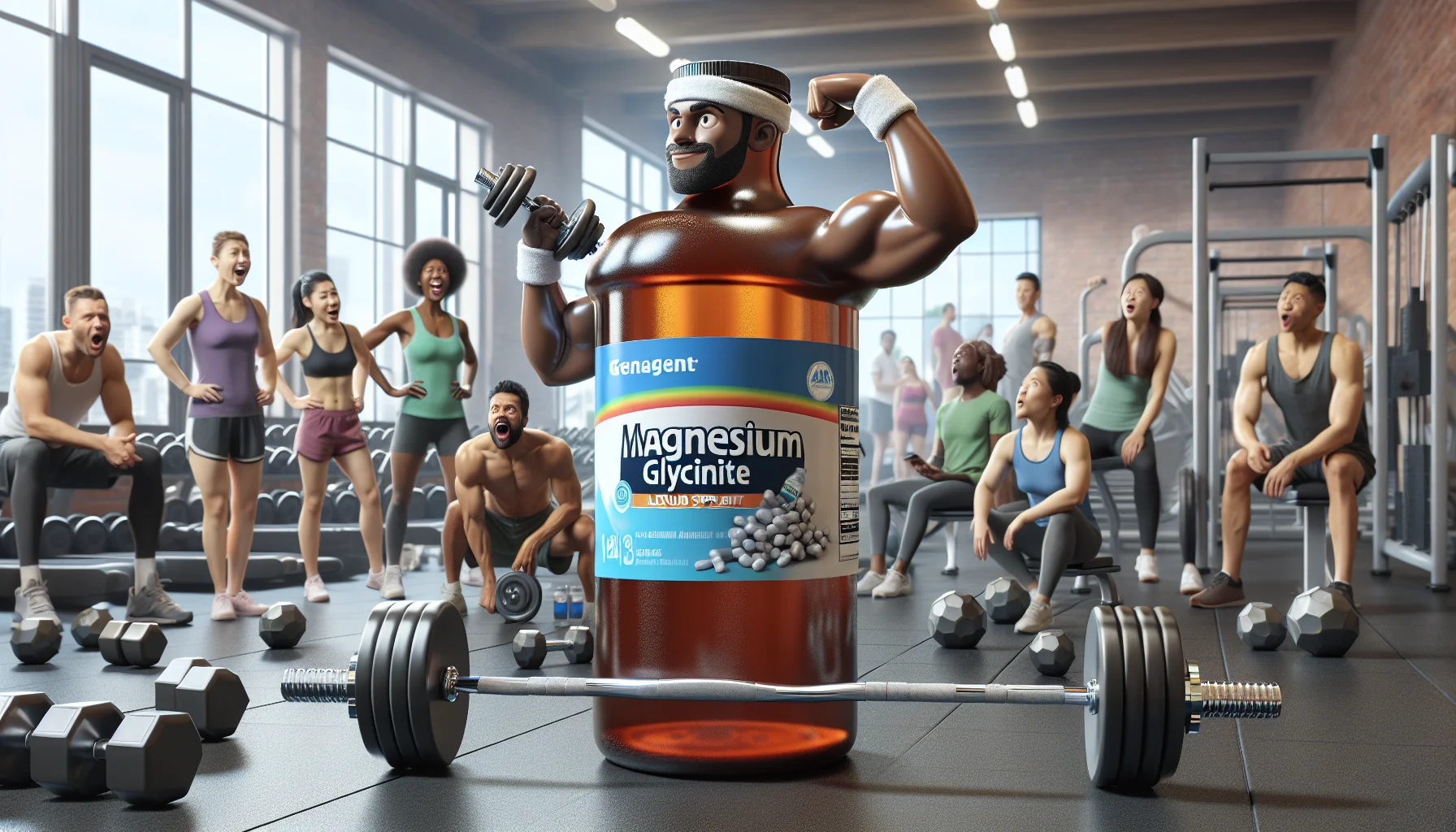 Generate a creative and realistic scenario featuring a bottle of magnesium glycinate liquid supplement. The bottle is set in a gym environment filled with workout equipment such as dumbbells, treadmills, and barbells. In this humorous scenario, the bottle is depicted as a successful athlete, wearing a sweatband, lifting a tiny barbell with a confident expression, symbolizing the strength it provides to its consumers. Nearby, there are people of diverse descents and genders, ranging from White, Hispanic, Black, Middle-Eastern, to South Asian, expressing astonishment and admiration at the 'athlete' bottle's amazing strength and resilience.