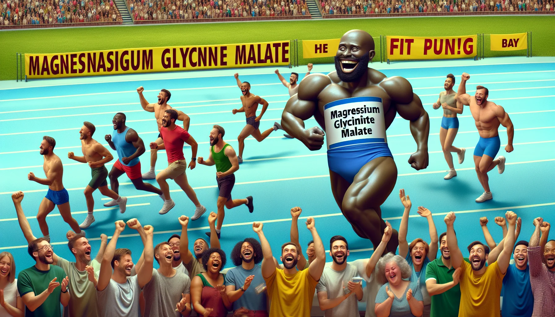 Create a vivid and comical scene that showcases magnesium glycinate malate, a popular sports supplement. This scene might include the supplement participating in a humorous mock track-and-field event, anthropomorphized with a fit physique. The crowd of diverse spectators, split evenly between men and women of Caucasian, South Asian, Hispanic, Black, and Middle-Eastern descent, could be laughing and cheering enthusiastically. The setting may be a stadium filled with banners displaying sport-related puns. The endeavor is to create a visually engaging and enticing atmosphere to promote the idea of sports supplements.
