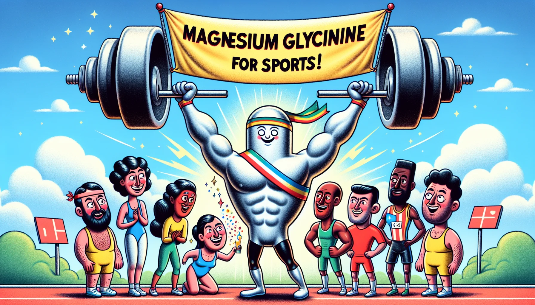 Create an imaginative yet realistic scene where a comically exaggerated dumbbell, designed with an endearing human face and athletic attire, is brandishing a banner that proudly declares 'Magnesium Glycinate for Sports!'. Surrounding it, a diverse assembly of people consisting of a Middle-Eastern female marathon runner, a Caucasian male swimmer, a black female gymnast, and a Hispanic male soccer player. Each are drawn in colorful, cartoonish optimism, their expressions reflecting admiration and curiosity towards the charismatic dumbbell.