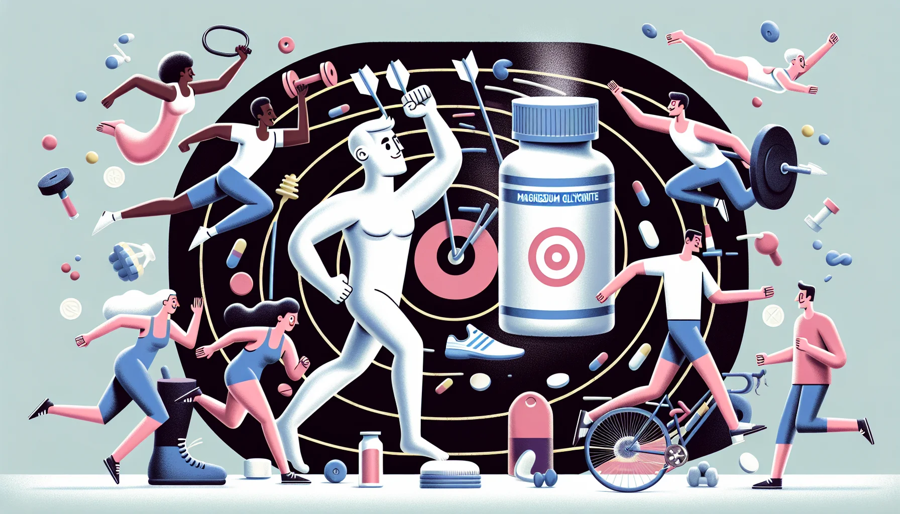 Create a light-hearted, entertaining scene where a target figure is whimsically depicted, designed with a look strongly suggesting magnesium glycinate supplement. Around it, a variety of active individuals, from a Black female runner sprinting, a South Asian male cyclist peddling hard, a Hispanic female swimmer leaping towards the water, to a Caucasian male weightlifter in mid-lift, all are vying to hit the target. The surrounding area is adorned with subtle elements, like dumbbells, swimming goggles, bicycles, running shoes, suggesting the world of sports. This overall situation comically highlights the benefits of taking sports supplements.