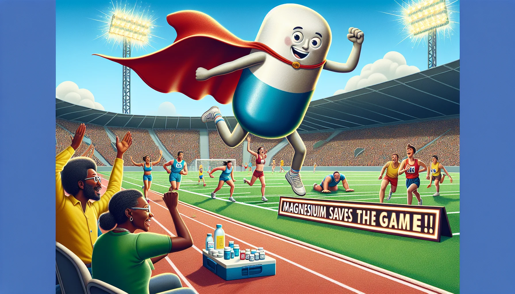 Create an image depicting a humorous scenario involving magnesium playing a crucial role in preventing cardiac arrest during a sports event. Picture this: a giant, lively anthropomorphic magnesium pill, wearing a superhero cape, is seen swooping down onto a sports field where an intense game is underway. One of the players, a Black woman in her athletic gear, shows signs of fatigue. In response, the hero pill revives her energy with a sparkling magnesium glow. Onlookers, comprising of a diverse group of people, cheer on in surprise and amusement. The scoreboard in the background humorously reads: 'Magnesium Saves The Game!'