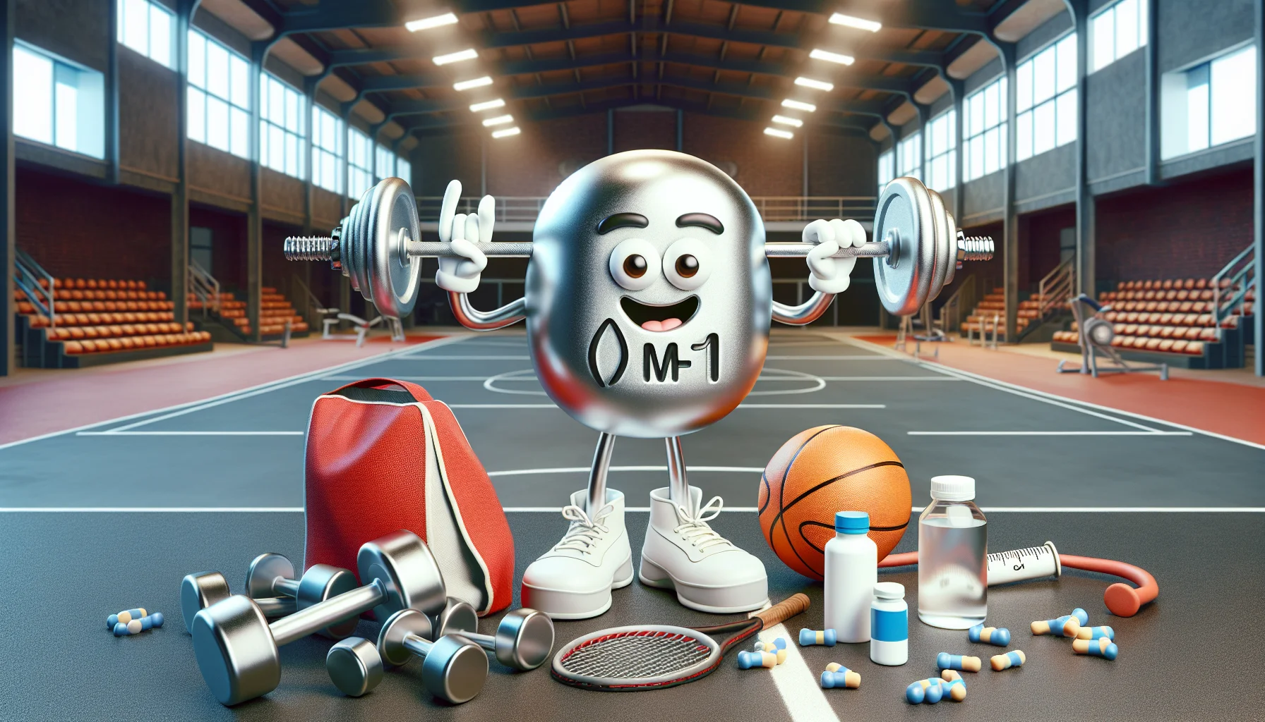 Create a humorous image that portrays a magnesium ion personified as a cartoon character, showing off its positive charge. This quirky ion is surrounded by athletic gear such as dumbbells, a basketball, and a tennis racket. The image has a background of a gym or sports complex. The scene implicitly suggests that intake of magnesium supplements might benefit those who partake in sports and fitness activities. Ensure the representation is playful and lighthearted, inviting viewers to learn more about the benefits of magnesium supplements in sports nutrition.