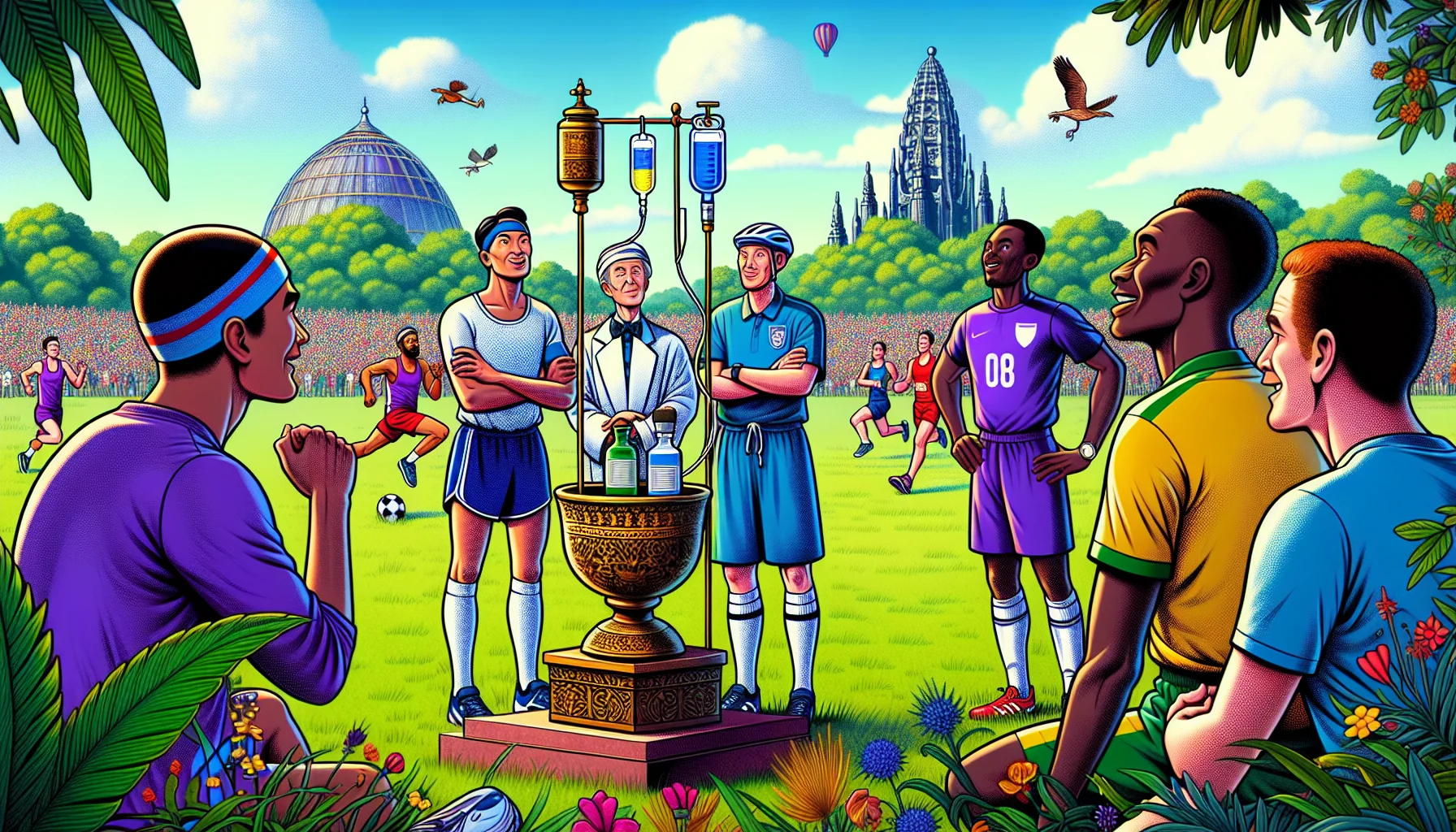 Create a detailed and humorous illustration of a scene taking place in a weekend park, where diverse individuals are engaged in various sports activities. In the foreground, a South Asian male distance runner, a Caucasian female footballer, and a Black male cyclist are all gathered around a ceremonial magnesium IV drip set on a pedestal. The characters are shown with playful expressions of awe and curiosity, as if the magnesium drip is a magical elixir. They are equipped with sports outfits, complete with helmets, shin guards and running shoes. Lively background and vivid colors are preferred to create an enticing atmosphere.