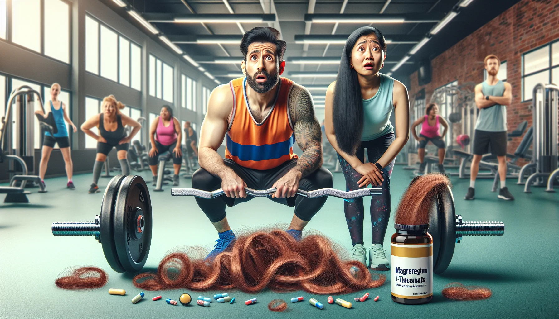 Create an imaginative yet humorous scenario in which a noticeably fit caucasian male and a south asian woman, both sporting active gym clothes, stare in disbelief at a barbell, in which bands of hair are tangled up, implying hair loss. Nested on the floor next to them is a bottle of magnesium l-threonate, suggesting the use of supplements. The background is a gym full of diverse people working out, with a comic touch of various sports equipment sprouting strands of hair.