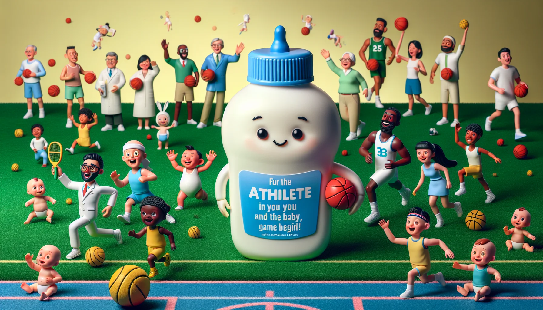An amusing image where a cute, anthropomorphic bottle of magnesium lotion for babies, with a big smiling face, is displayed. The bottle is wearing a miniature athlete's uniform and holding a tiny basketball. On a grassy field, multiple ethnically diverse, male and female adult athletes are depicted in sports attire, actively engaged in various sports activities such as running, basketball, and tennis. They look surprised and delighted, reaching out for the lotion. The slogan next to the lotion says, 'For the athlete in you and your baby, let the game begin!'