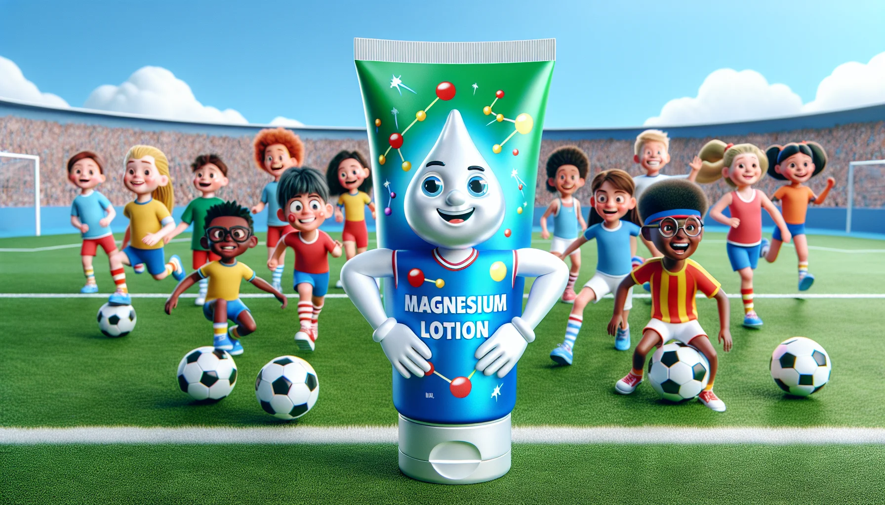 Create a realistic image of a playful scene. In the foreground, there is a bottle of magnesium lotion targeted at kids. The bottle is vibrantly colored and labelled with fun, sporty cartoons. It stands atop a green soccer field. A friendly looking anthropomorphic mascot, perhaps a smiling magnesium atom wearing a sports jersey, stands beside it exuding waves of energy. In the background, children of diverse descents such as Caucasian, Hispanic, and South Asian, both boys and girls, are engaging in different sports activities, like football, badminton, and track and field, appearing enthusiastic and energetic.