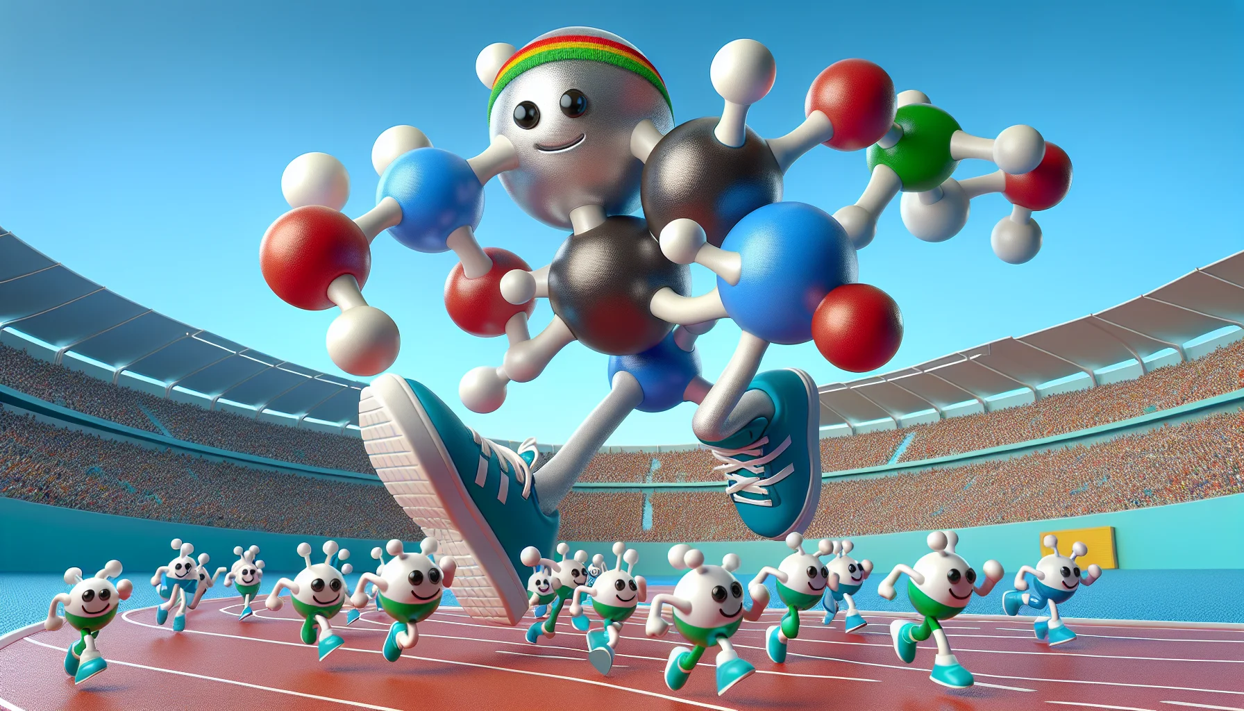 Create an image depicting a fun and engaging scene: a giant magnesium lysinate glycinate chelate molecule in a stylized, anthropomorphic form, equipped with running shoes and a headband, is challenging other smaller molecules to a running race. The scene is at a 'Molecular Olympics', a fictional event in a microscopic world. The magnesium molecule, full of energy and enthusiasm, is portrayed as the ideal sports supplement, enticing viewers to consider using supplements for sports. There should be a variety of other supplement molecules, each of different shapes and sizes, representing a broad spectrum of nutrients present in sports supplements.
