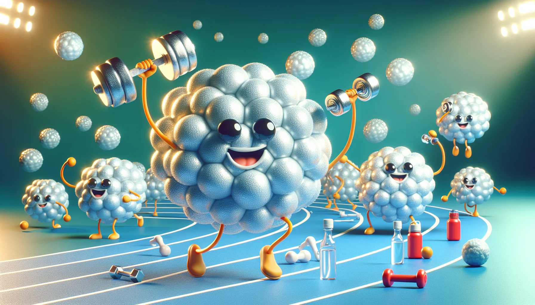 Create a vivid scene of microscopic magnesium atoms visualized as spherical entities with expressive facial features, engaged in humorous activities. These atoms might be lifting tiny dumbbells, running on a microscopic track or hydrating with minuscule water bottles, metaphorically signifying the use of magnesium in sports supplements. Convey a positive, fun, and healthy atmosphere to illustrate the benefits of dietary supplements in physical activities and sports. Enhance the scene with the light, radiant glow of magnesium to highlight it as the theme. Avoid any human figures in this image.