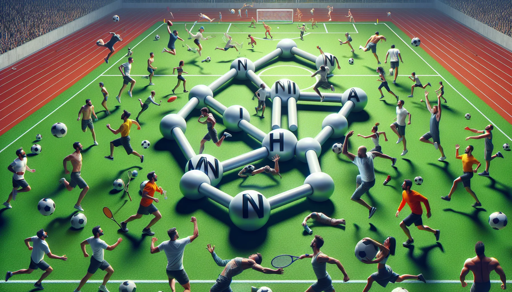 Create an amusing and realistic scene that depicts the chemical formula for magnesium nitride arranged creatively. Imagine it as a logo or a central element in a promotional poster. The surrounding scenario is full of energetic sports enthusiasts of different descents and genders. Maybe they are mid-action throwing a football, swinging a tennis racket, or performing a martial arts move. The atmosphere is vibrant, reflecting the vitality that supplements can bring. Remind to add a fine print at the bottom to promote responsible use of sports supplements.