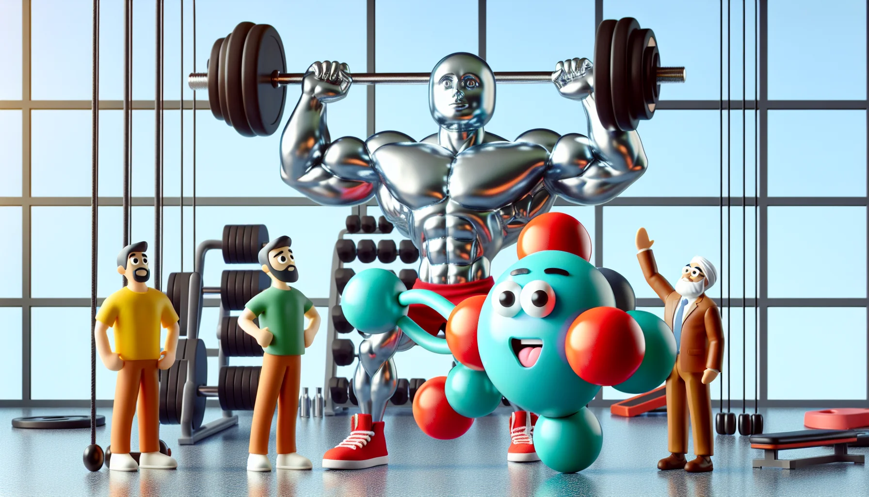 An attention-grabbing and humorous scene with magnesium nitride personified. Imagine a muscular character, taking the shape of a magnesium nitride molecule, with arms and legs robustly built, demonstrating a workout in a gym setting. The molecule-character is lifting weights, implicitly indicating that it contributes to increased performance for athletes. Nearby, a couple of bemused human figures of diverse descent, one Hispanic female and one Middle-Eastern male, are observing with wide eyes, symbolizing the potential customers of sports supplements.
