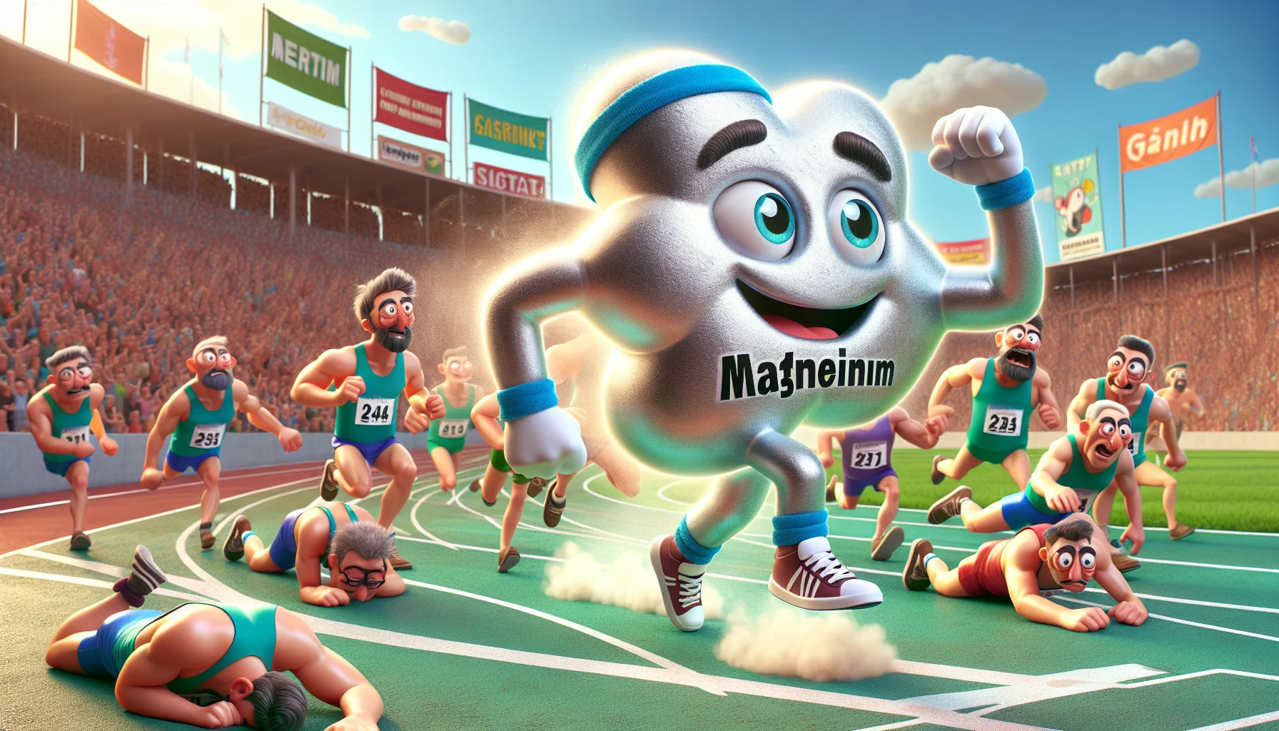Create a detailed and colorful image embodying humor and utilizing a playful representation of the compound magnesium nitrite. This entity is personified with cartoonish eyes, a friendly smile, and wearing athletic gear such as a sweatband and sneakers. It is animatedly striking a dynamic pose as if running in a marathon, with a cloud of dust behind it to signify speed. Around it, is a variety of worn-out competitor caricatures, struggling to keep up, while spectators cheer on from sidelines. The scene takes place at a bright sunlit park, with banners and promotional posters suggesting the benefits of using magnesium nitrite for enhancing athletic performance.