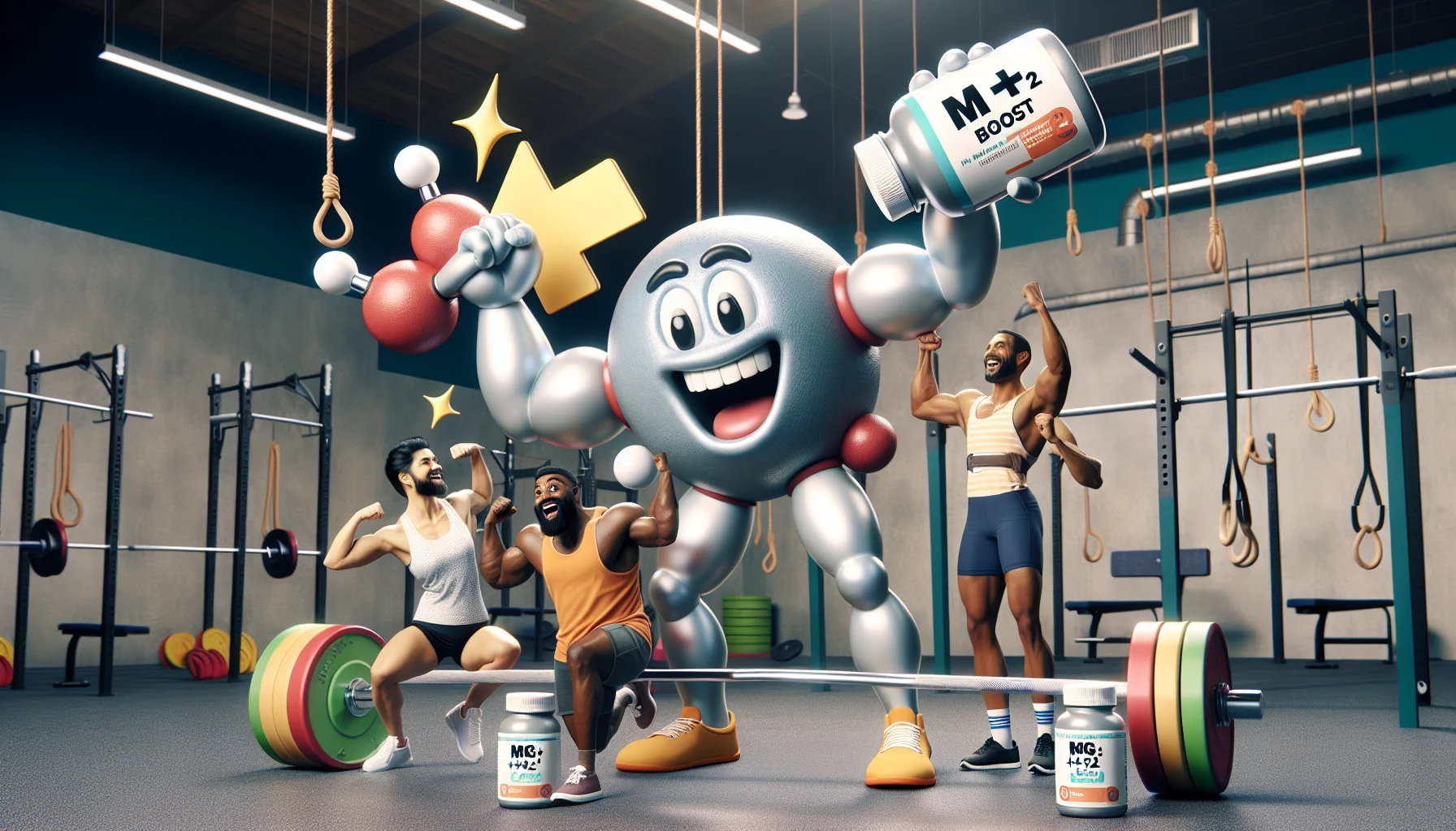 Create a humorous scene in a gym setting where athletes are reminded of the importance of magnesium. There's an enormous, comically over-exaggerated, animated 3D model of a Magnesium atom with a '+'2' popping out of it to represent its oxidation number. The atom is flexing its electrons like muscles, causing a group of diverse athletes around it, a Hispanic female weightlifter, a Black male sprinter, and a South Asian runner to laugh and cheer. They're holding dietary supplement bottles labeled 'Mg +2 Boost!' to highlight magnesium's role in sports nutrition.