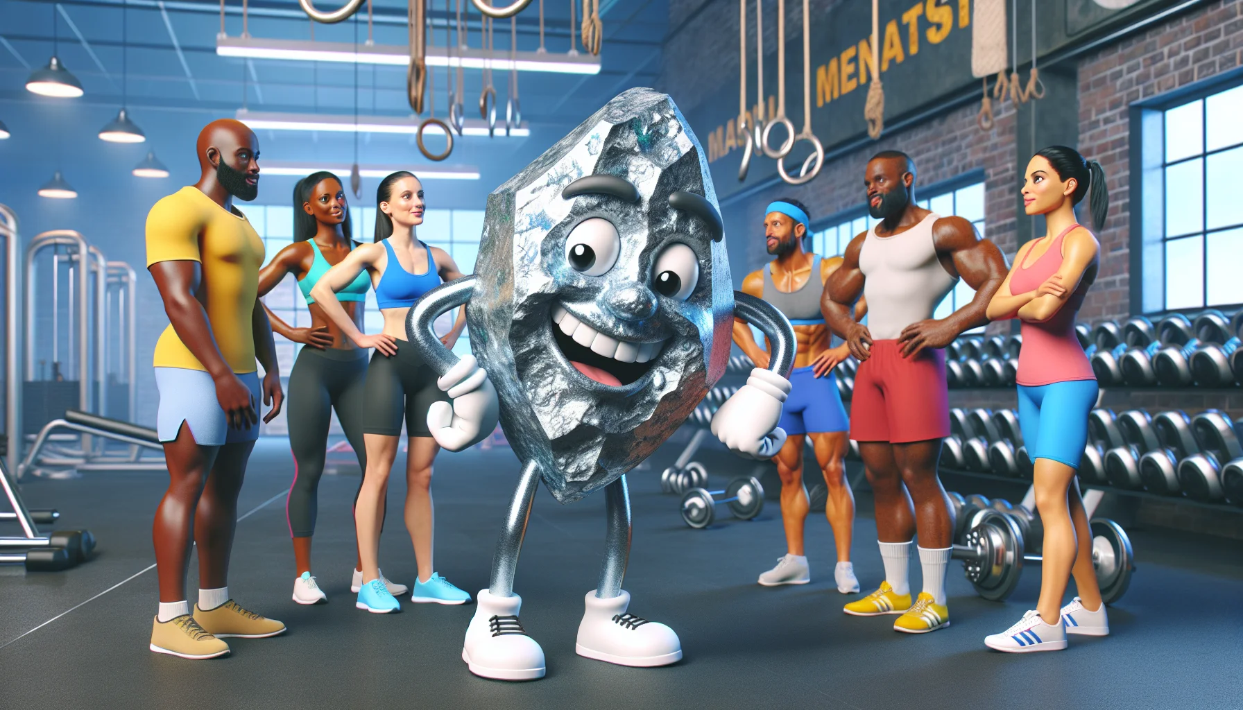 Create a humorous, realistic image depicting the scenario where magnesium perchlorate, represented as a jovial animated character, is seen promoting the benefits of using supplements for sports. The character has a shiny, rocky, and crystalline form to reflect its chemical nature. It should be seen interacting in a friendly way with a diverse group of athletes including a female Black marathon runner, a male Caucasian weightlifter, and a male Hispanic footballer, each looking intrigued and intrigued by the charismatic magnesium perchlorate character. The background consists of a lively gym setting filled with various sports equipment.